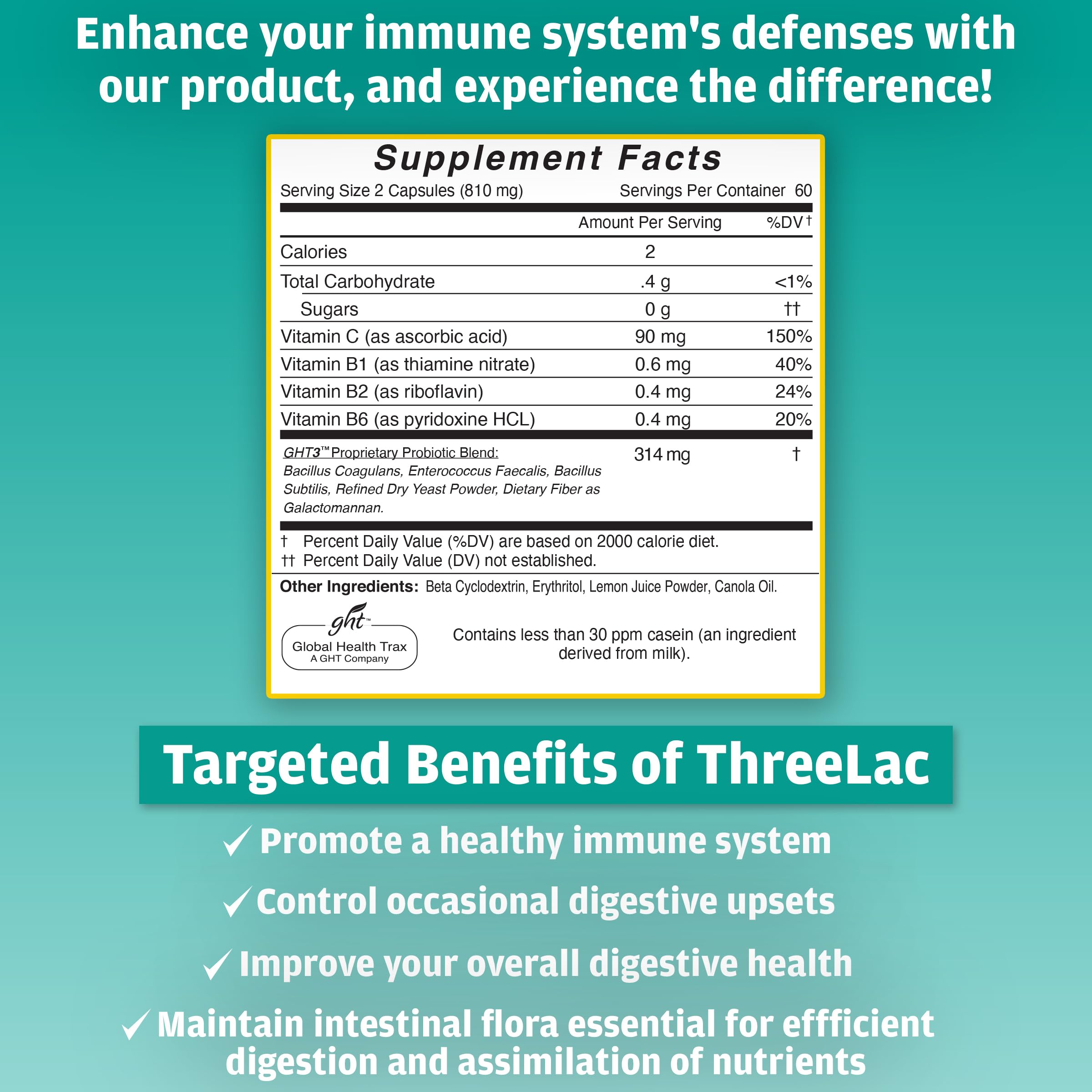 Global Health Trax GHT - ThreeLac Probiotic Capsules, 480 Count - Comprehensive Digestive Support for Men, Women, and Children - Immune System and Gut Balance, Non-GMO ght Global Health Trax Au supplements