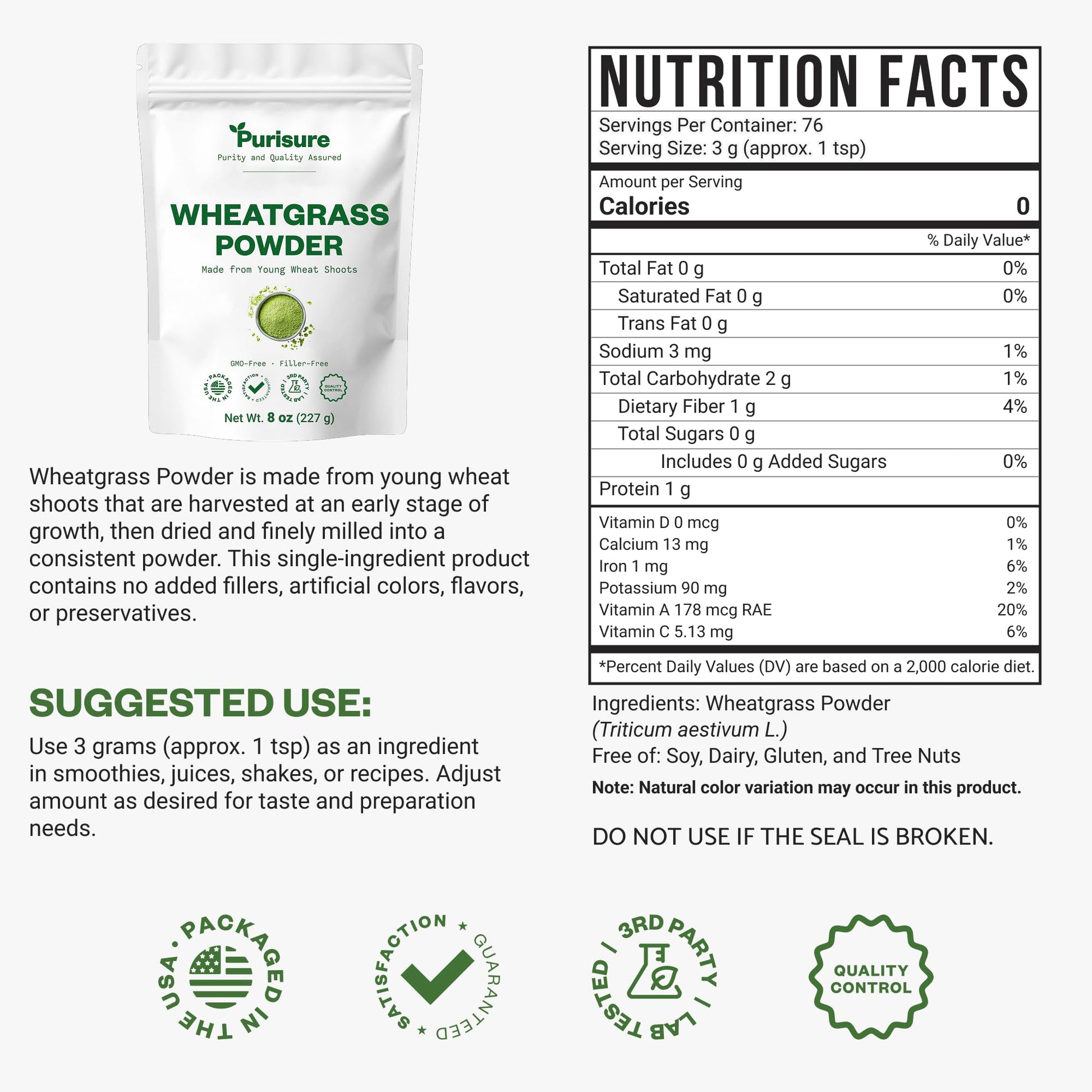 Purisure Wheatgrass Powder, 8oz, Wheat Grass Powder, Green Superfood for Salads, Smoothie and Shakes, Superfood Powder Rich in Immunity Vitamins, Fiber and Minerals, 76 Servings Purisure Au supplements