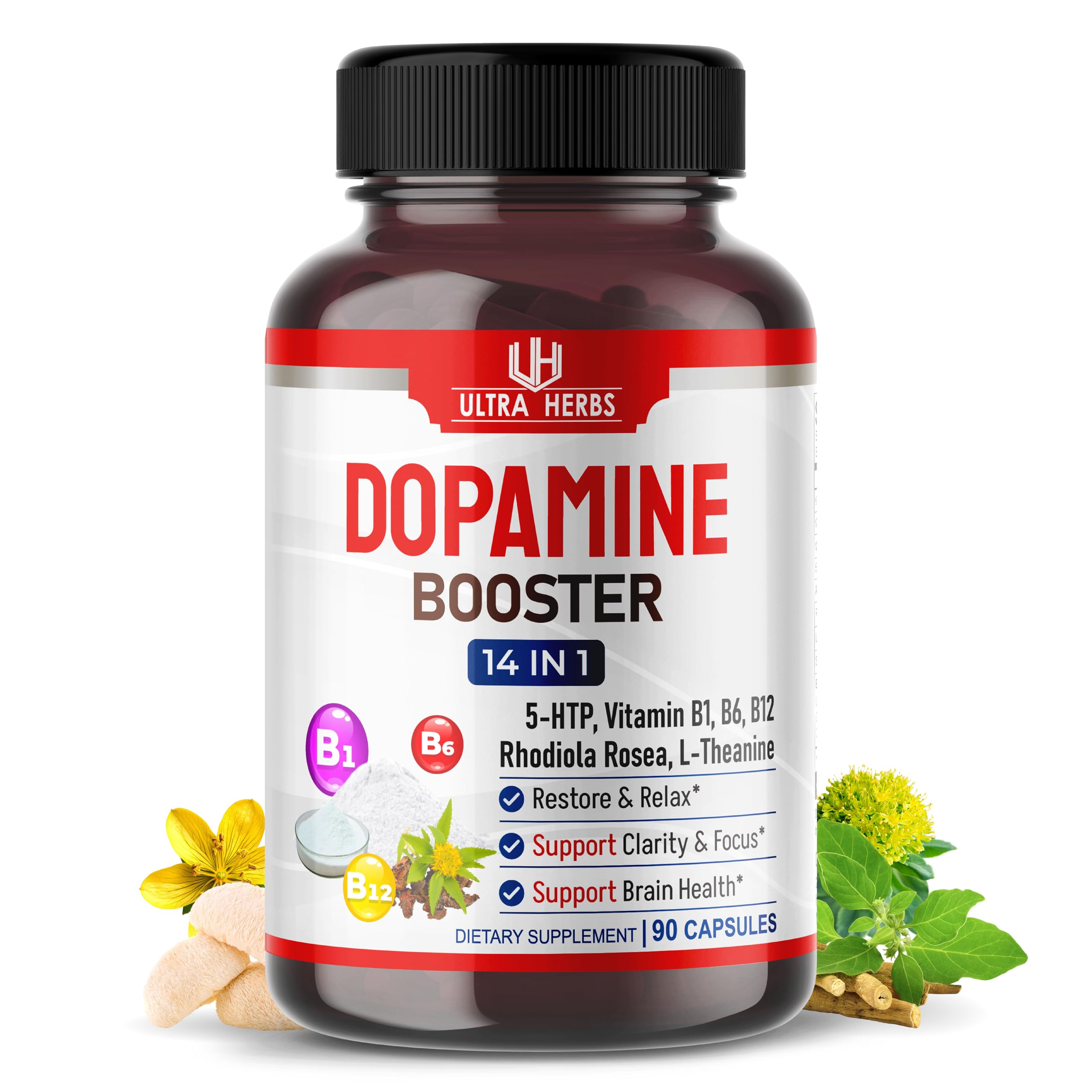 Dopamine Focus Supplement Ashwagandha 5-HTP Rhodiola Rosea St. John's Wort - Increase Memory Clarity Focus Restore Relax with VIT B1, B6, B12, L-Theanine ULTRA HERBS Au supplements