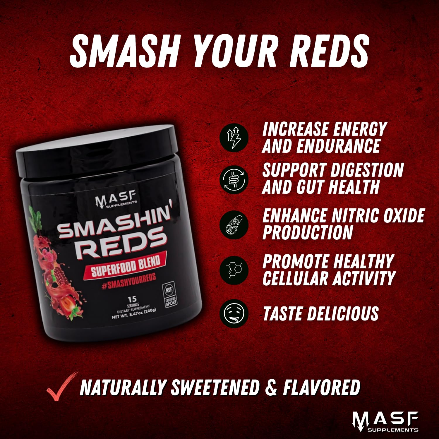 MASF Smashin' Reds Organic Superfood Supplements - 15 Servings - NSF Sport, Super Reds for Digestive Health, Energy, Endurance, Beet Root, Maca, Turmeric, Ginger, Acai, Nitric Oxide Production MASF Au supplements