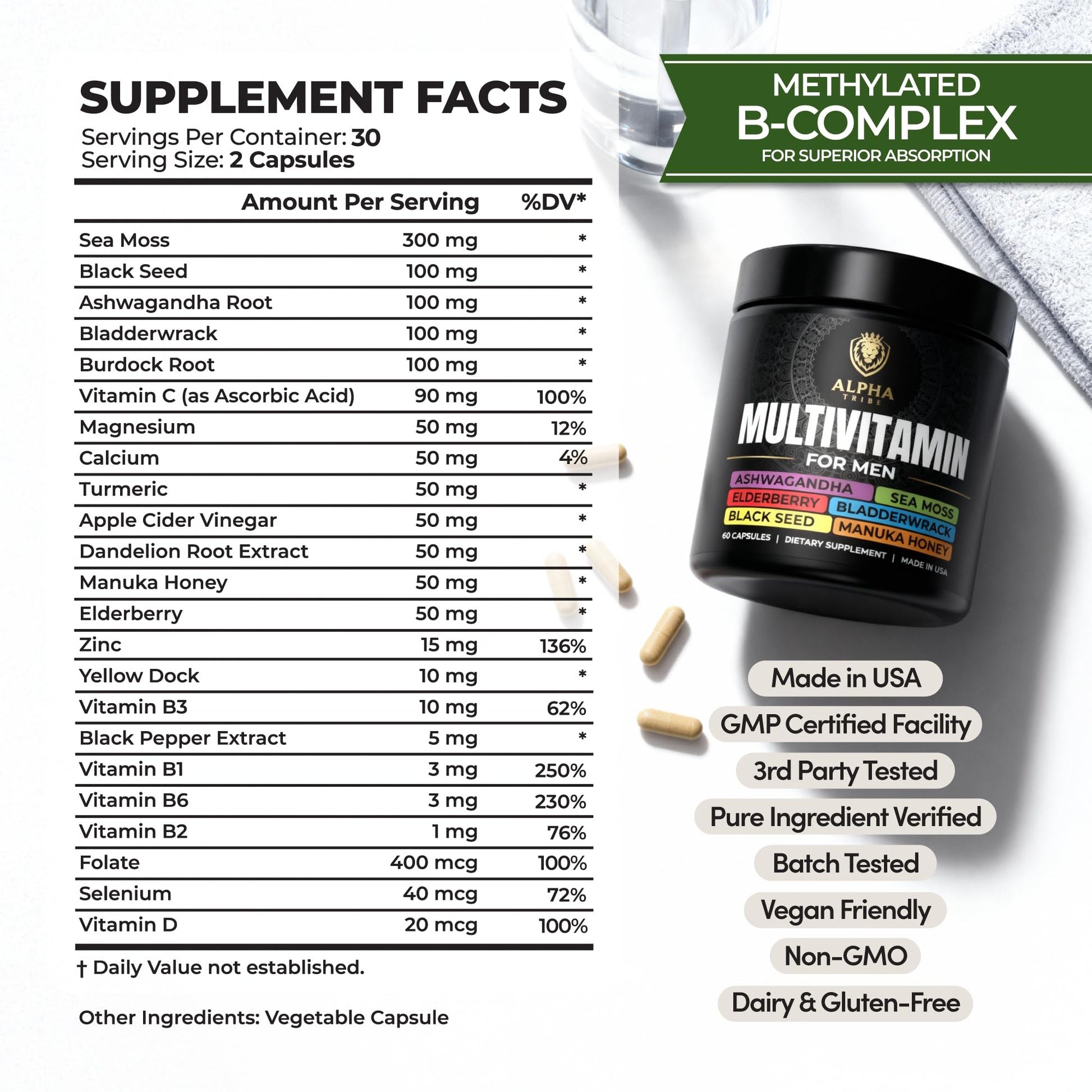 Alpha Tribe Multivitamin for Men with Seamoss Black Seed Oil Ashwagandha Burdock Root, Turmeric Bladderwrack, Vitamin C, Elderberry, Manuka, Yellow Dock | Daily Men's Vitamins and Minerals Supplement Alpha Tribe Au supplements