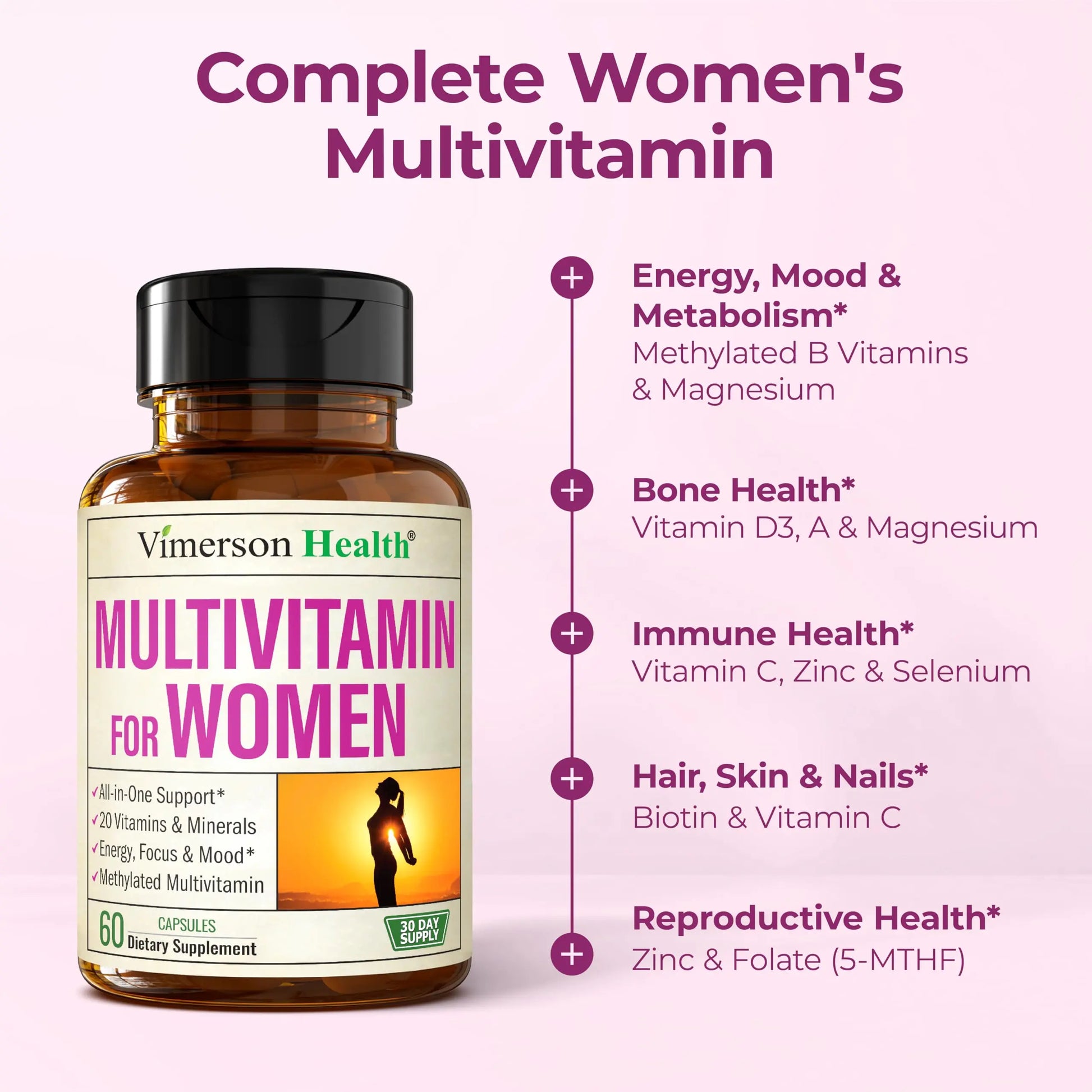 Methylated Multivitamin for Women w/Bioavailable Vitamins, Chelated Minerals, Vitamin D, B12, C, A & Zinc for Energy, Focus and Immune Health Vimerson Health Au supplements