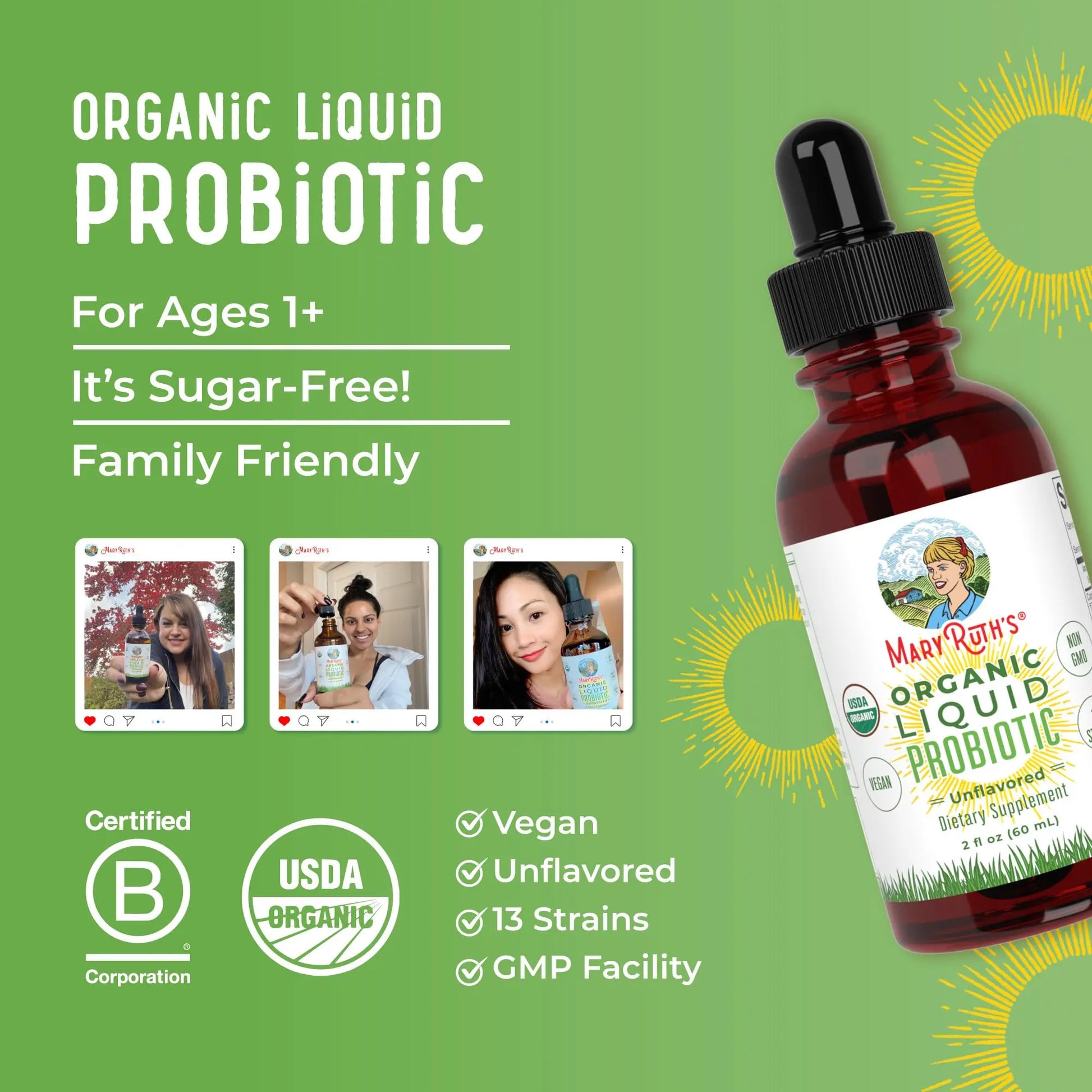 MaryRuth Organics Liquid Probiotic for Ages 4+ | 2 Billion CFU | 13 Probiotic Strains | Gut Health & Digestive Support | Gas & Bloating Support | Vegan | Gluten Free | Travel-Friendly | 20 Servings MARYRUTH'S Au supplements