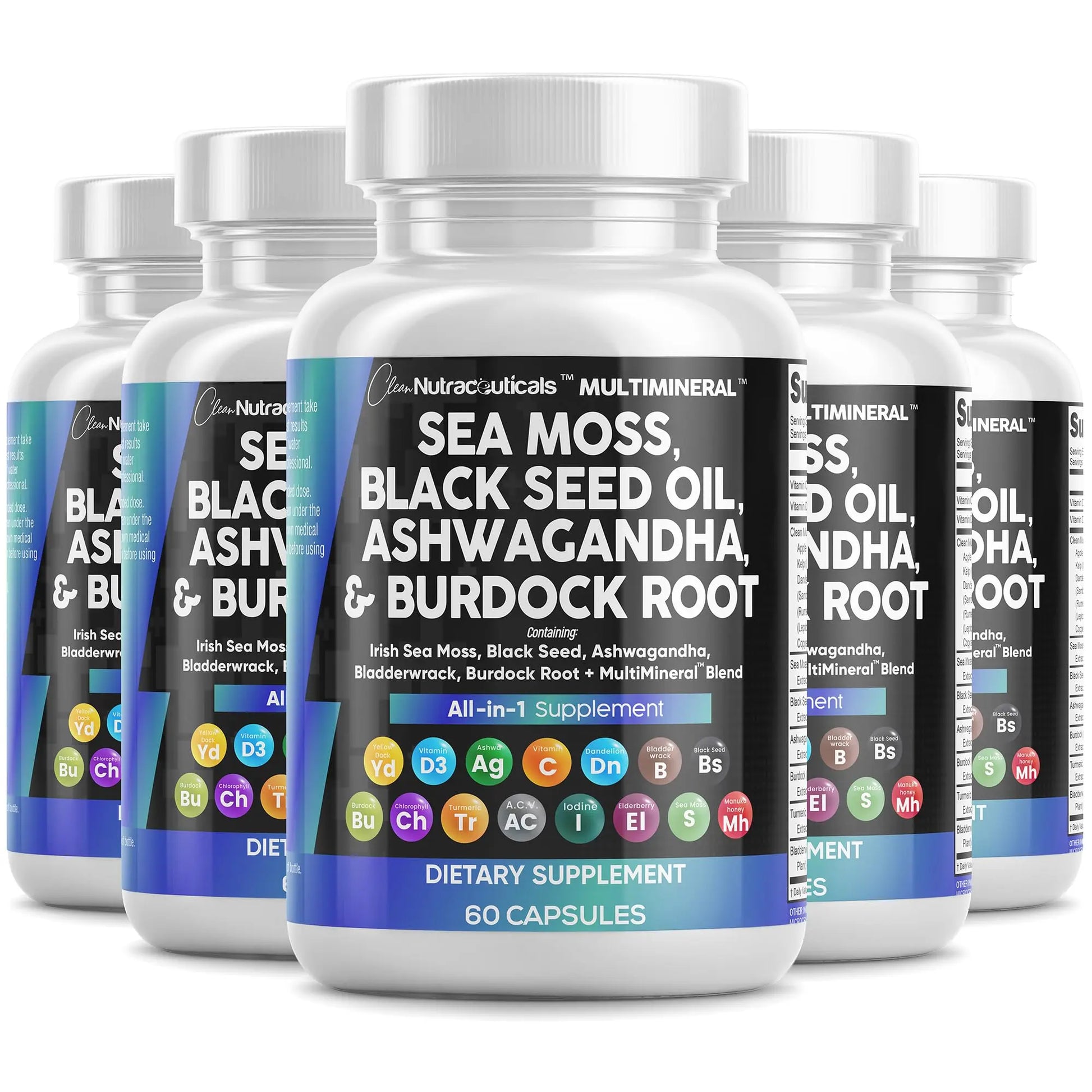 Sea Moss Black Seed Oil Ashwagandha Turmeric Bladderwrack Burdock & Vitamin C Vitamin D3 with Elderberry Manuka Dandelion Yellow Dock Iodine Chlorophyll ACV - 5Pack Clean Nutraceuticals Au supplements