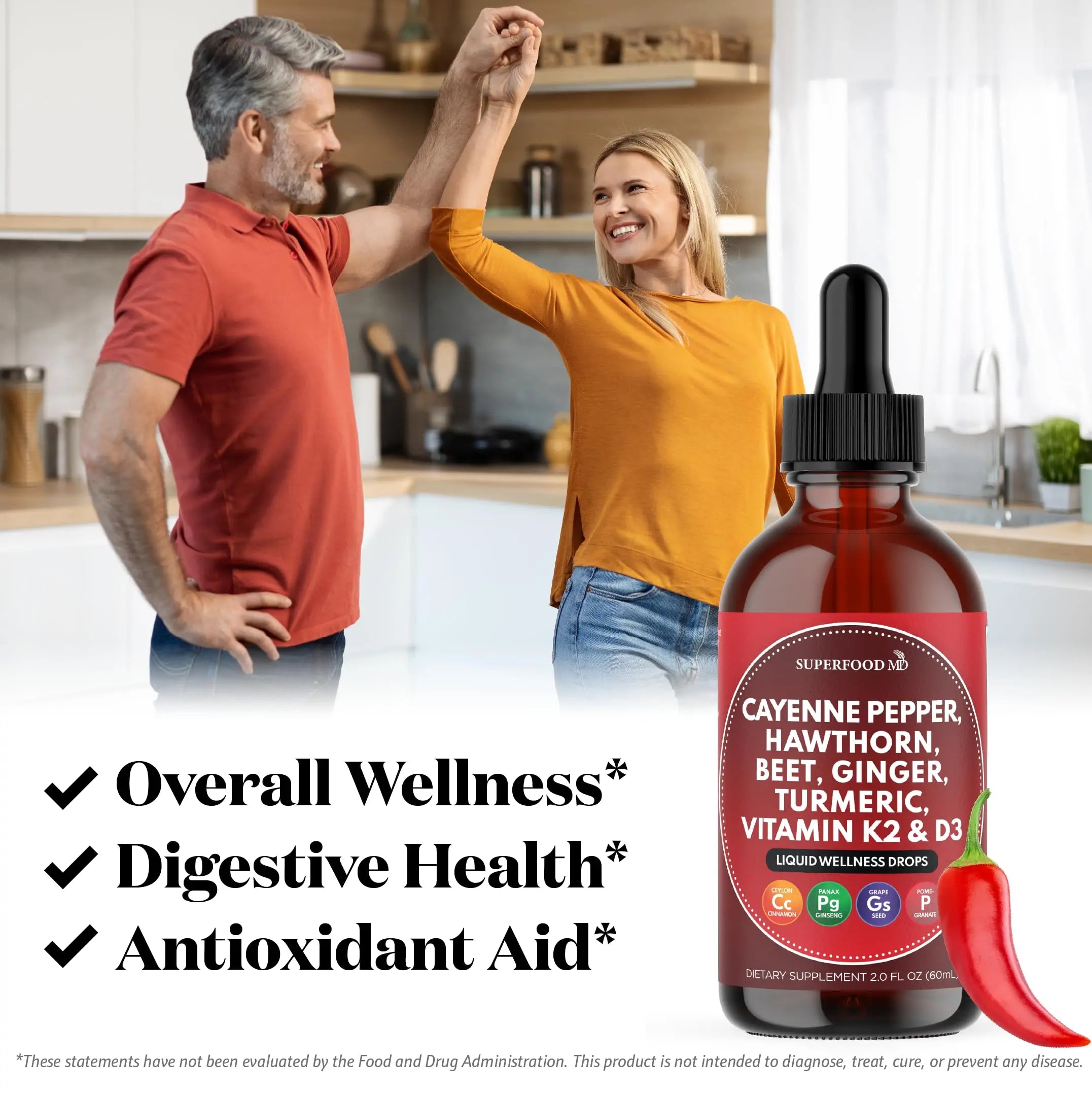 Cayenne Pepper Supplement Liquid Drops + Hawthorn Berry, Vitamin D3 K2 Beet Root Powder, Ceylon Cinnamon, Turmeric Curcumin, Organic Panax Ginseng - 4 OZ Superfood MD Au supplements