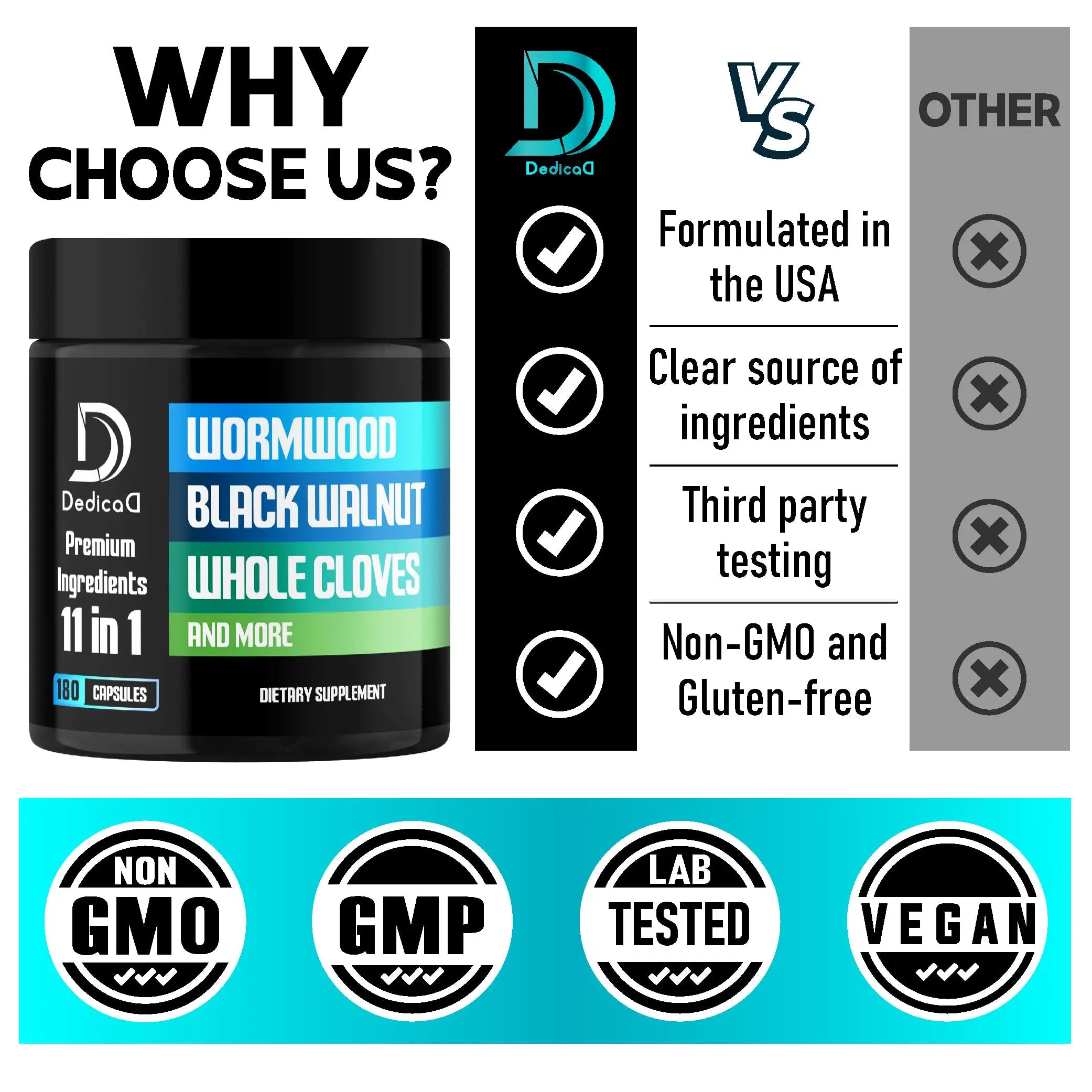DEDICAD 11in1 Wormwood Capsules - 180 Capsules Extracted from Black Walnut, Cloves, Ginger, Turmeric, Apple, Berberine HCl & More - Support Immune System for 3 Months DEDICAD Au supplements