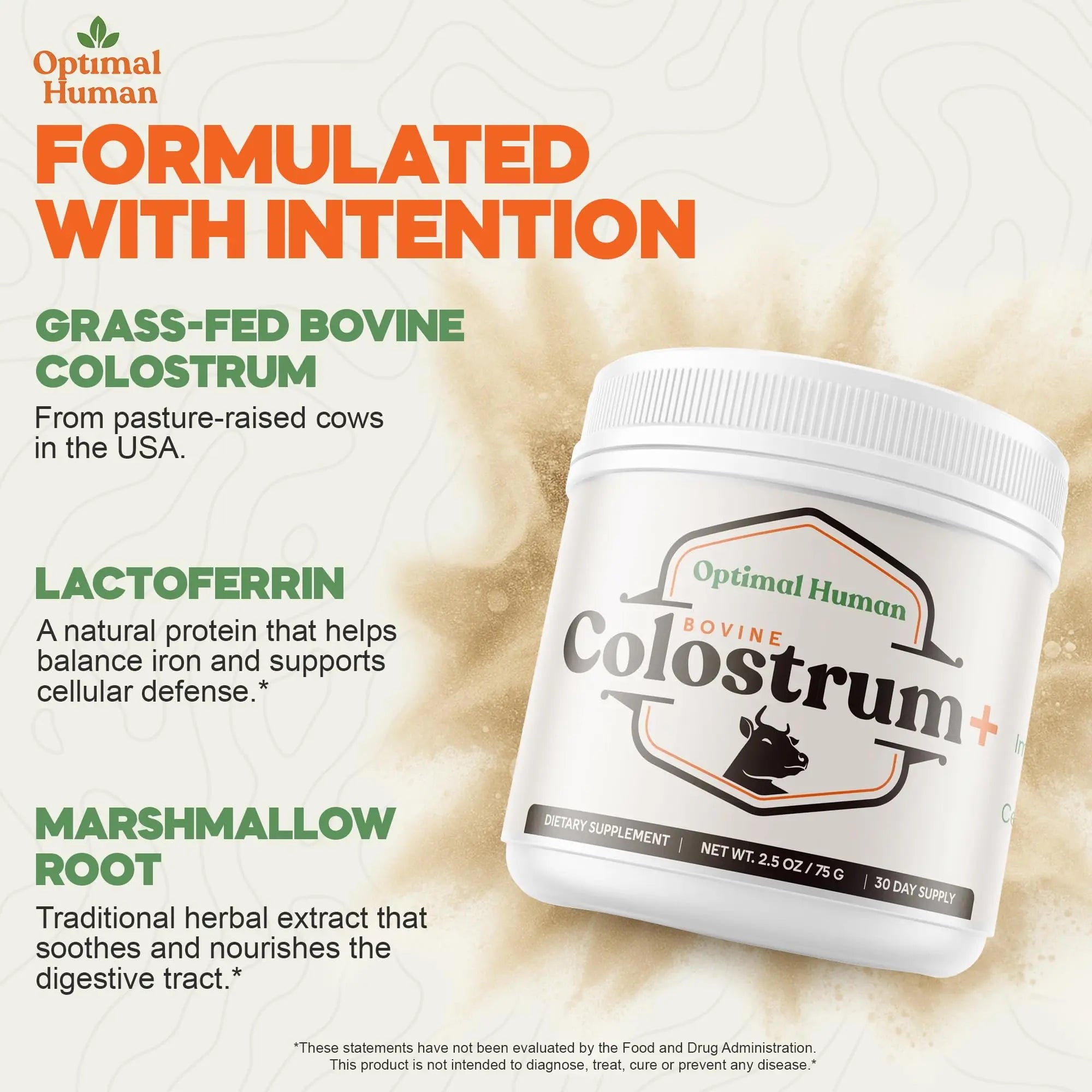O H Optimal Human Bovine Colostrum Powder with Marshmallow Root – Gut & Immune Support Colostrum Supplement Capsules with IgG & Protein – Non-GMO, GMP Certified, Made in USA – Unflavored 30 Servings O H Au supplements