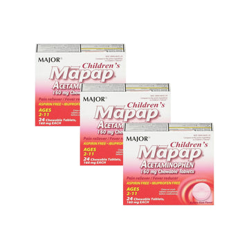 MAJOR Children’s Mapap Acetaminophen 160 mg Chewable Tablets - Pain Reliever/Fever Reducer - Aspirin Free - Ibuprofen Free - for Ages 2 to 11-24 Count (3 Pack) MAJOR Au supplements