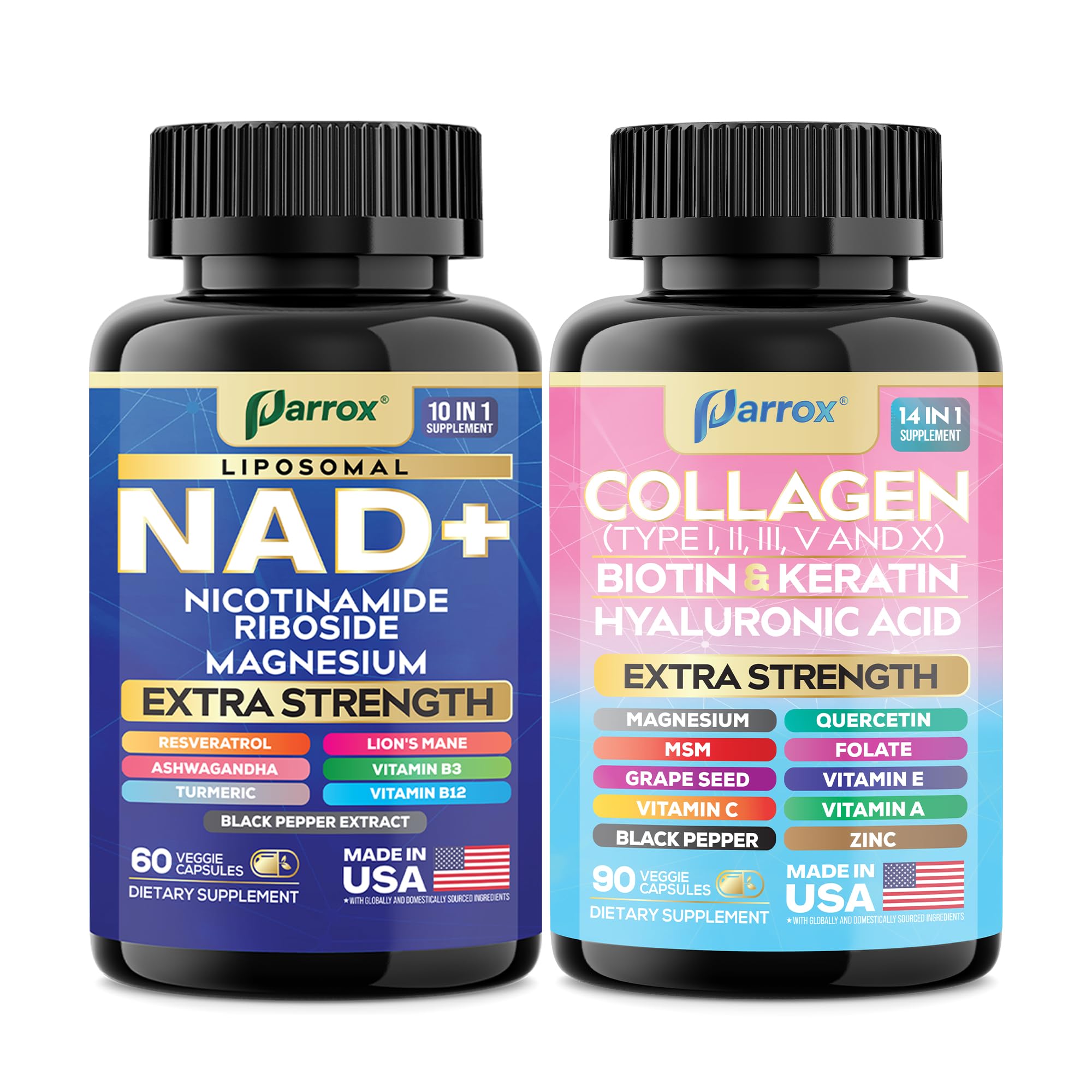Parrox Forever Young Set with Liposomal NAD, Nicotinamide Riboside, Magnesium, Resveratrol, Lion's Mane, Collagen Peptides Types I, II, III, V and X, Biotin & Keratin, Hyaluronic Acid, Zinc, Quercetin Parrox Au supplements