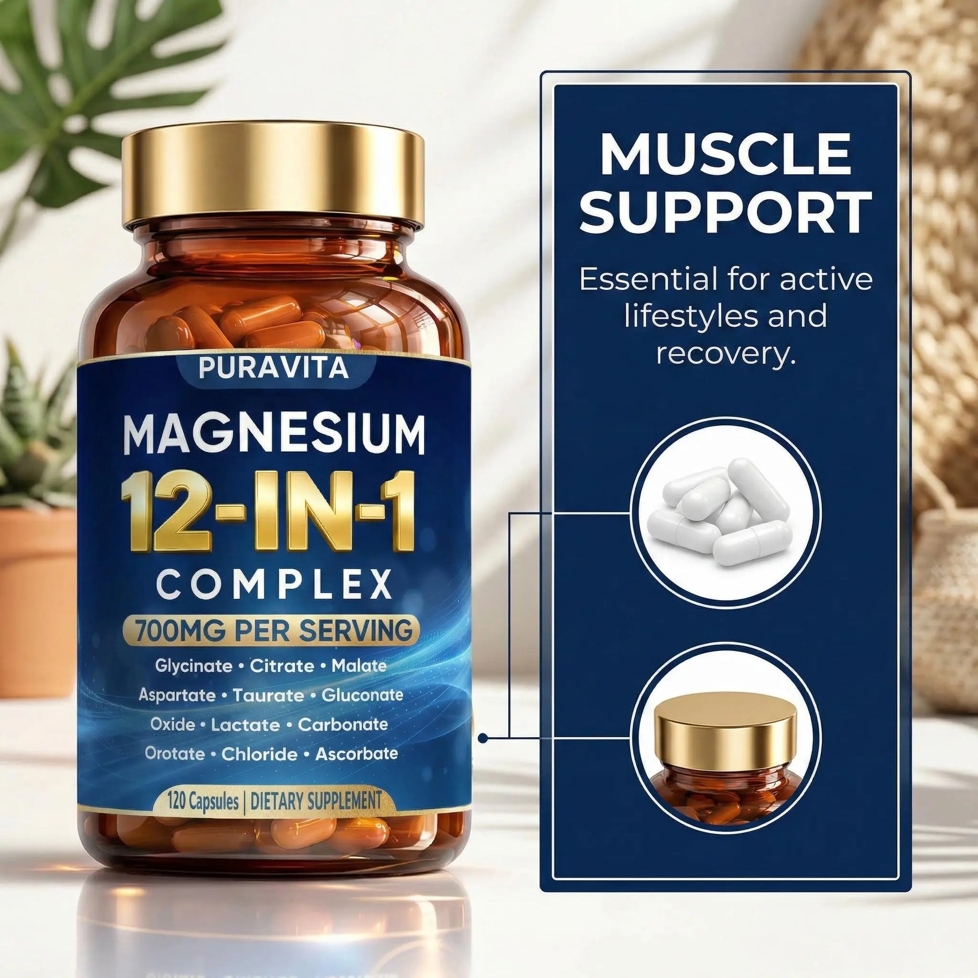 Puravita 12 in 1 Magnesium Complex Capsules - 700mg High Absorption Blend with Glycinate, Citrate, Malate, Oxide & Taurate. Supports Muscle Function, Nerve Health & Relaxation - 120 Capsules (1) PURAVITA Au supplements