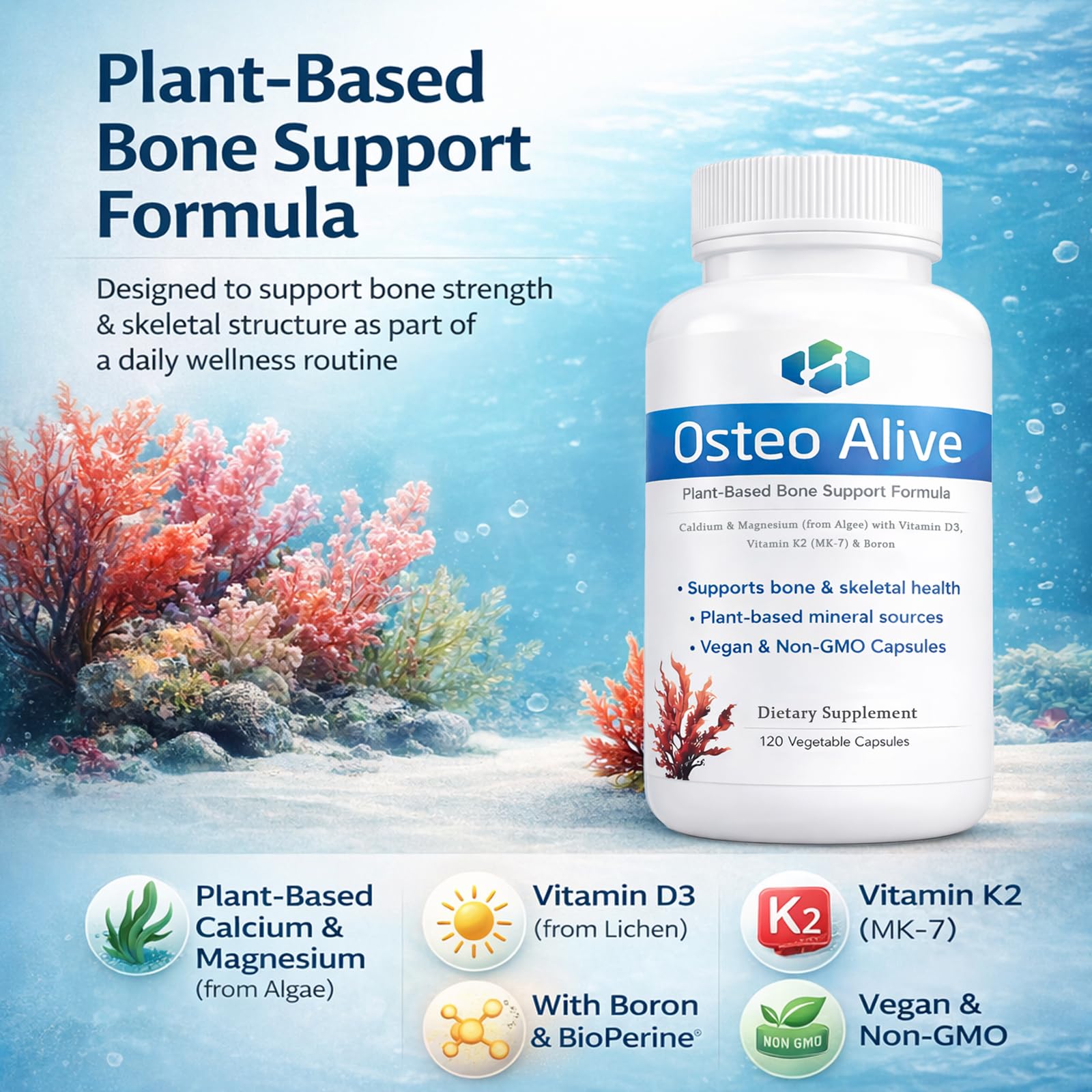 AIFBENK Osteo Alive Bone Support, with Plant-Based Calcium & Magnesium (from Algae), Vitamin D3 (from Lichen), Vitamin K2 (MK-7), Boron & BioPerine, Helps Support Bone & Skeletal Health AIFBENK Au supplements