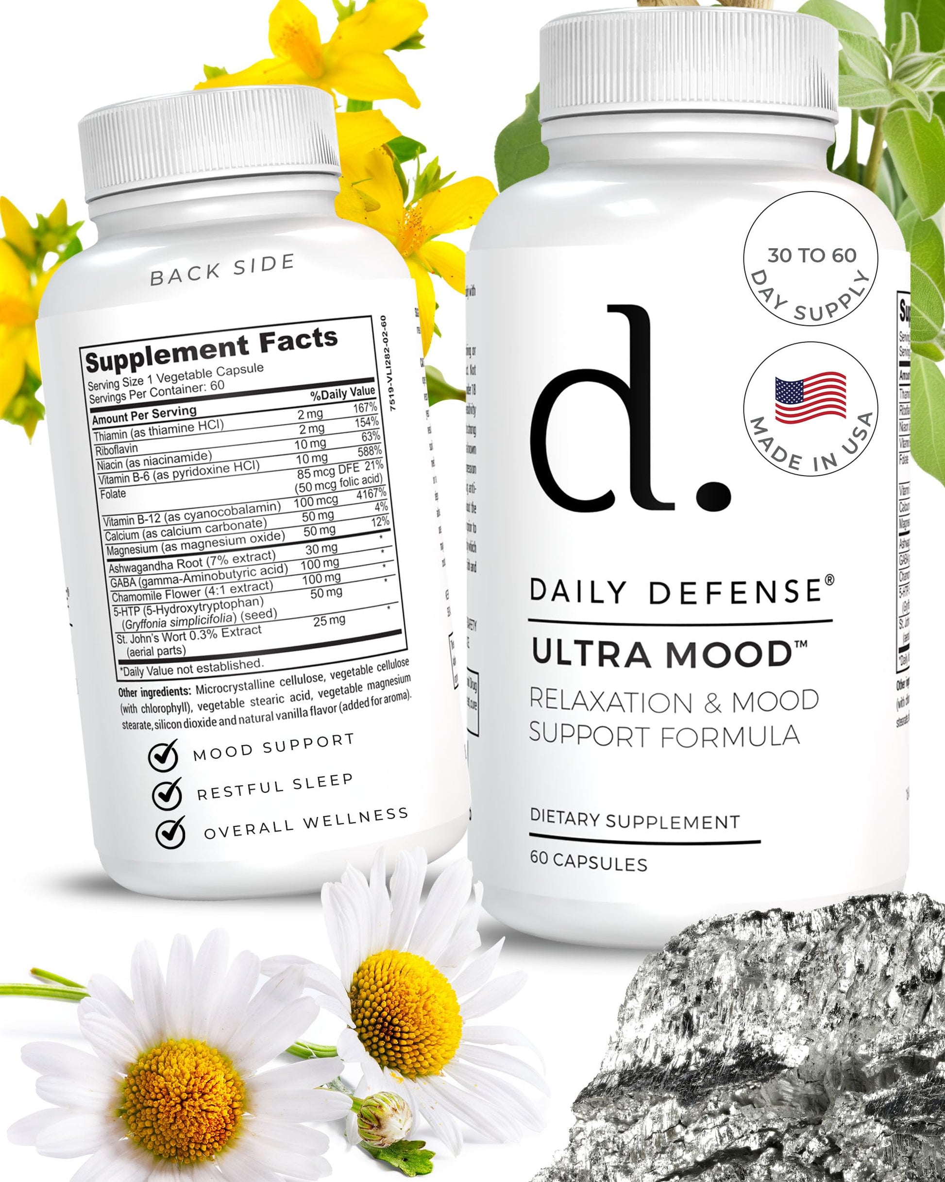 Daily Defense Mood Support Supplement - Ultra Mood 60 Count Mood Enhancer with Calcium Carbonate, Folic Acid, GABA, 5-HTP, Ashwagandha Root Extract & More - Non GMO Mood & Relaxation Supplement Daily Defense Au supplements