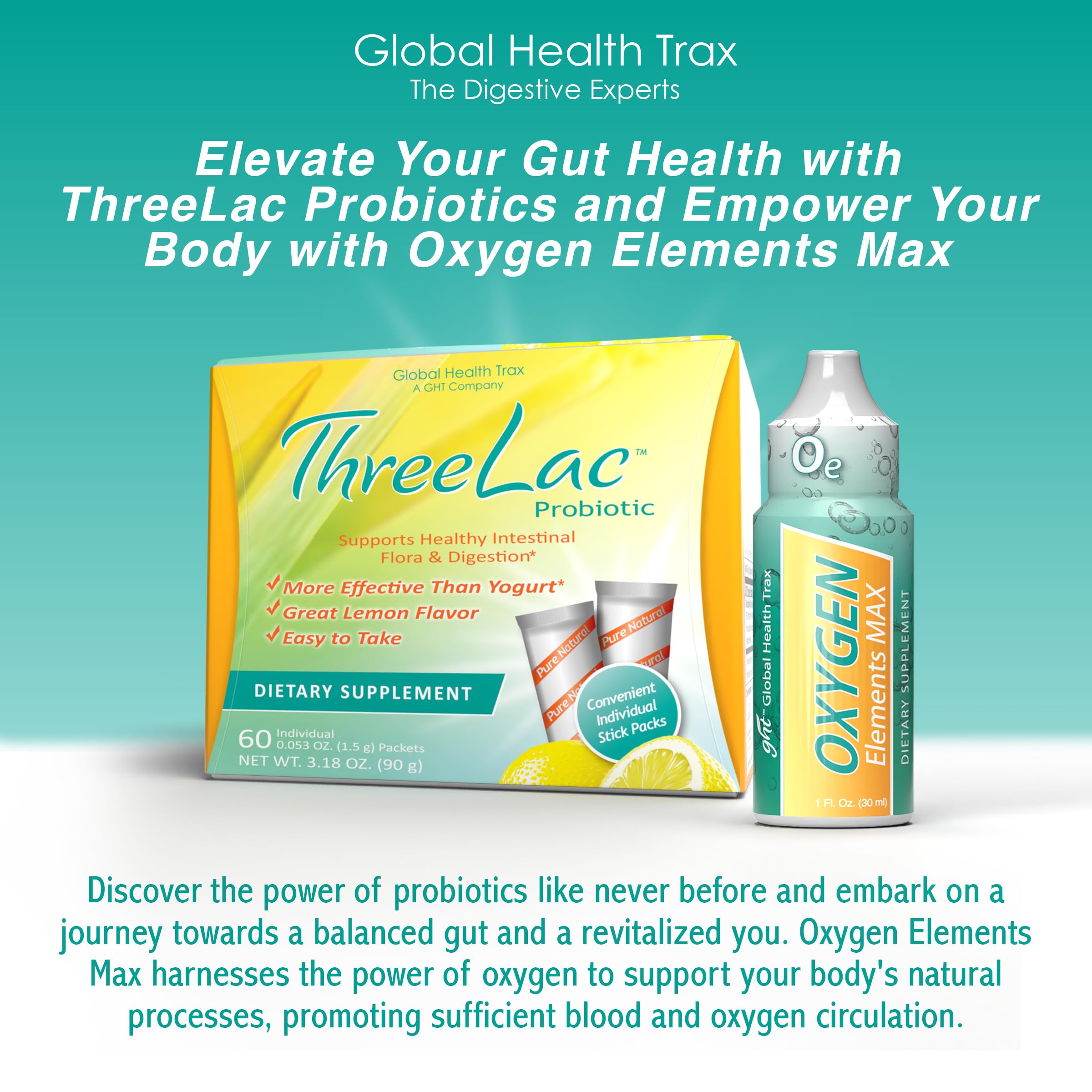 Global Health Trax Ultimate Gut & Oxygen Duo: ThreeLac Lemon Probiotic Powder (60 Packets) & Oxygen Elements Max Drops (1oz) - Digestive Support & Cellular Vitality ght Global Health Trax Au supplements