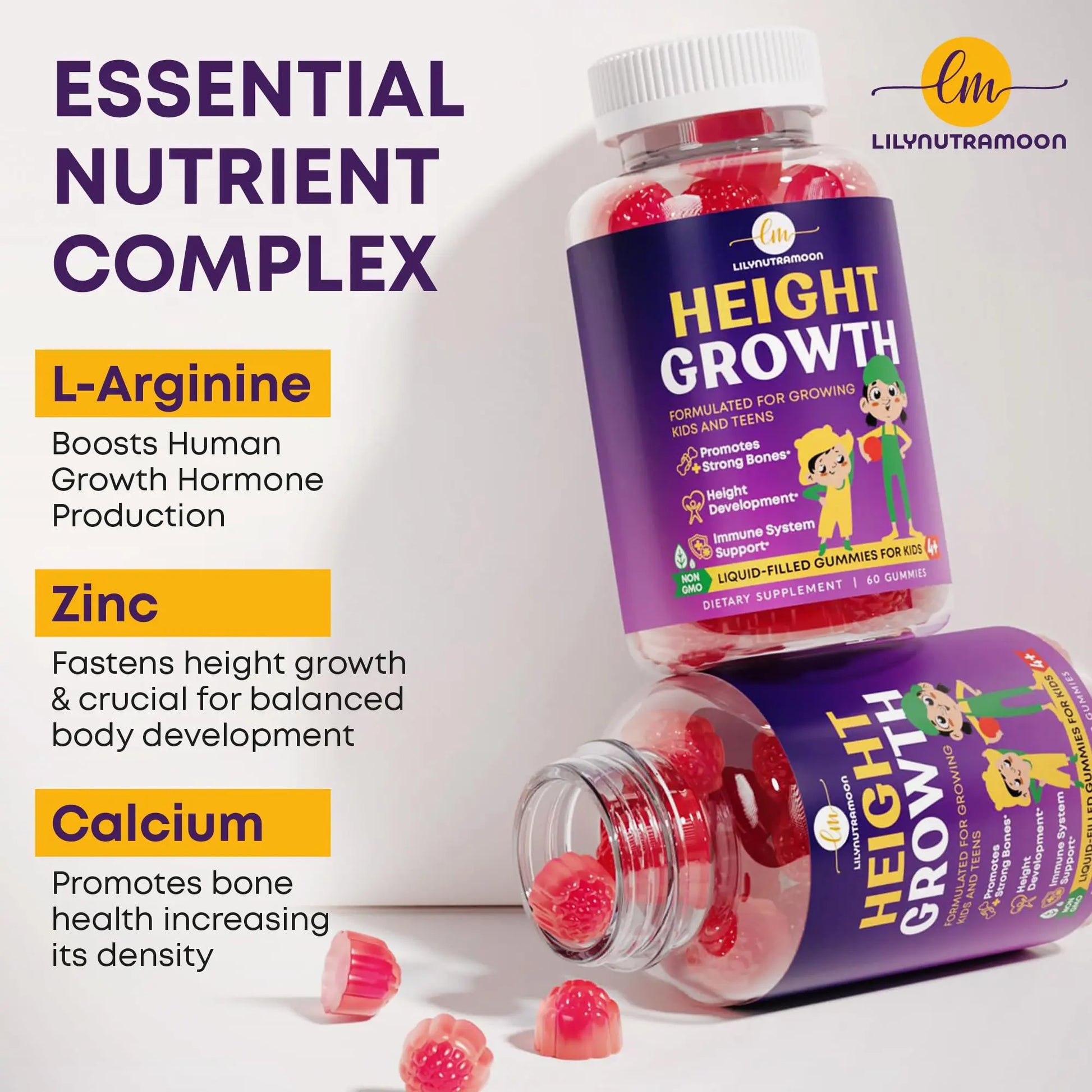 Height Growth Gummies for Kids & Teens - Calcium, Vitamin D3 + K2, Zinc, Magnesium, L-Arginine, Vitamin C - Multivitamin for Teen Boys & Girls - Grow Taller Supplement for Kids Height - 60 Gummies LM LILYNUTRAMOON Au supplements