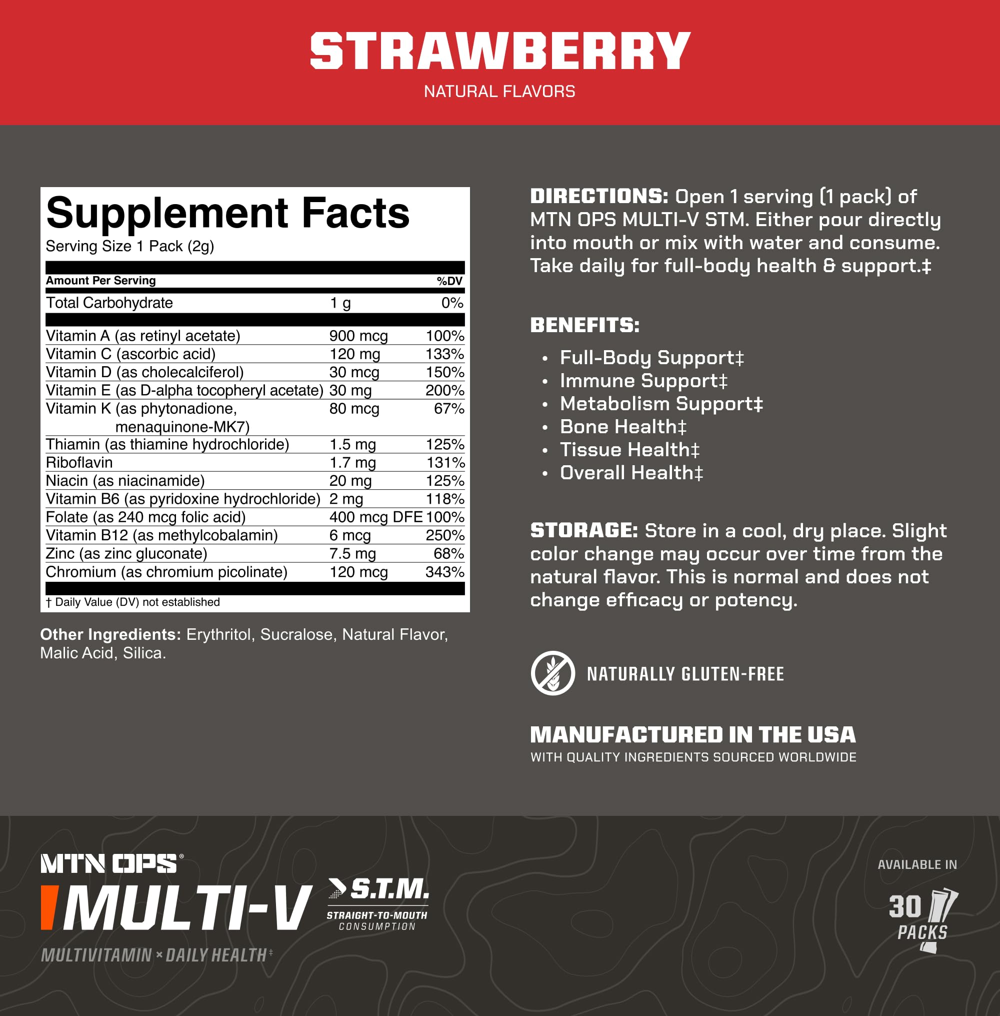 MTN OPS Multi‑V STM On‑the‑Go Daily Multivitamin for Men, Women & Kids – Straight‑to‑Mouth Vitamin C D3 B Zinc Packs – Gluten Free, Natural Flavors, 30 Servings MTN OPS Au supplements