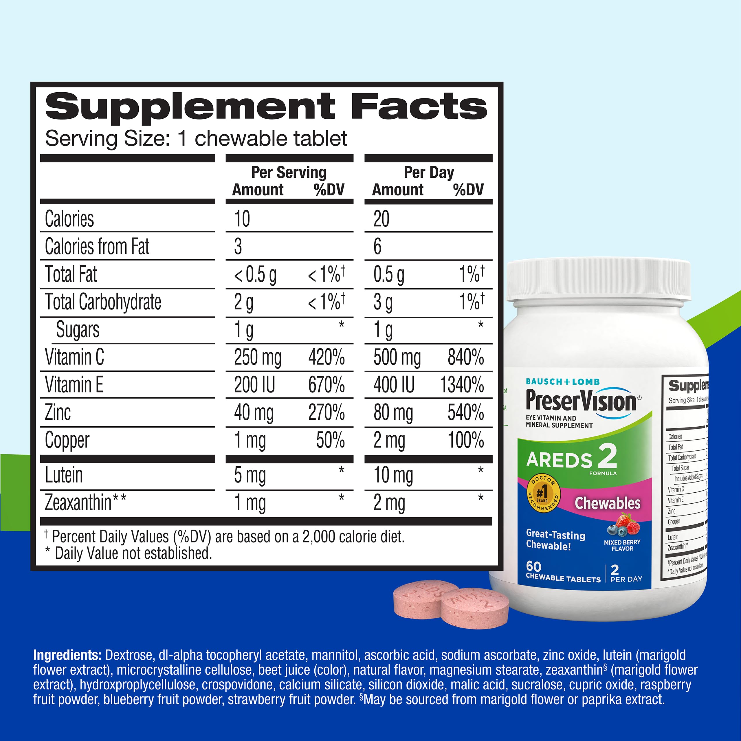 PreserVision AREDS 2 Eye Vitamins, #1 Eye Doctor Recommended Brand, Chewable Lutein and Zeaxanthin Supplement with Vitamin C, Vitamin E,Zinc, and Copper, Mixed Berry, 70 Tablets PreserVision Au supplements