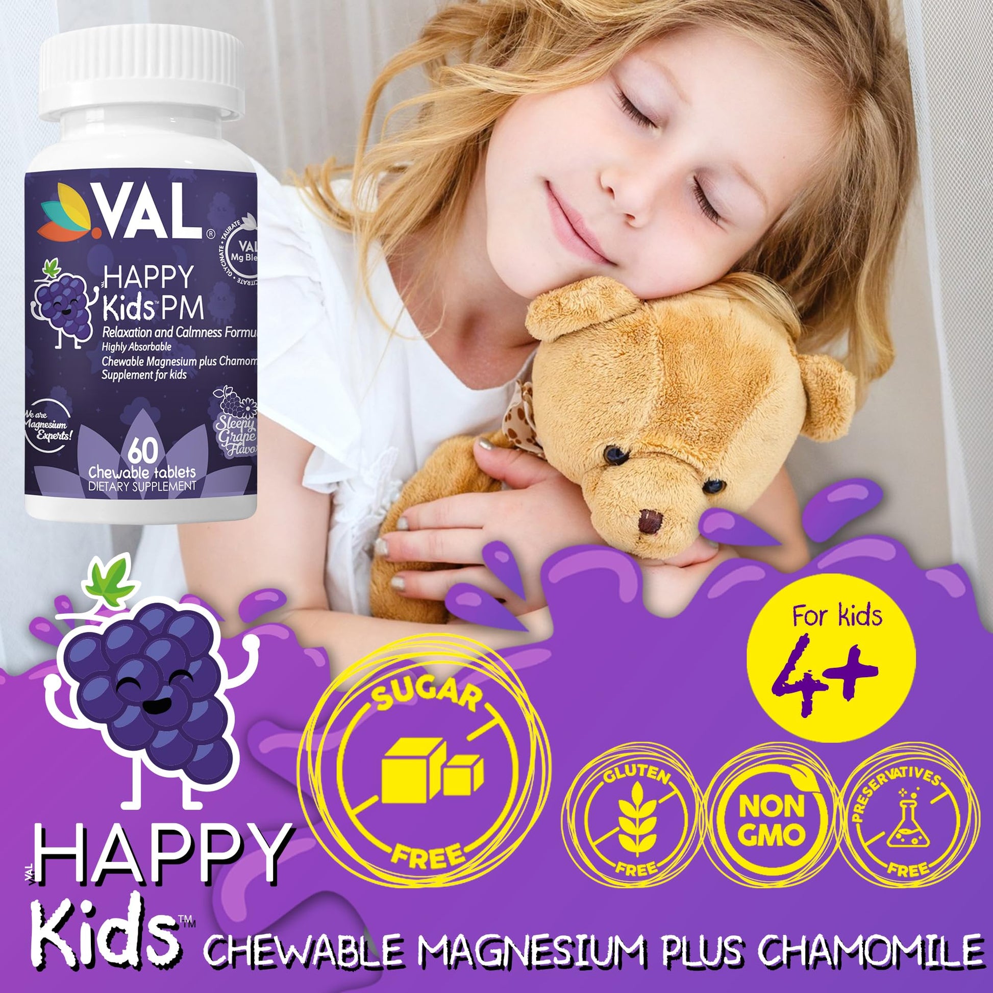 VAL Kids PM Magnesium Gummies | Sugar-Free Chewable Tablets with Chamomile, Magnesium Glycinate + Citrate + Taurate | Vitamin B6 & C | Natural Grape Flavor | Sleep & Calm Support | 60 Ct | Ages 4+ VAL Au supplements