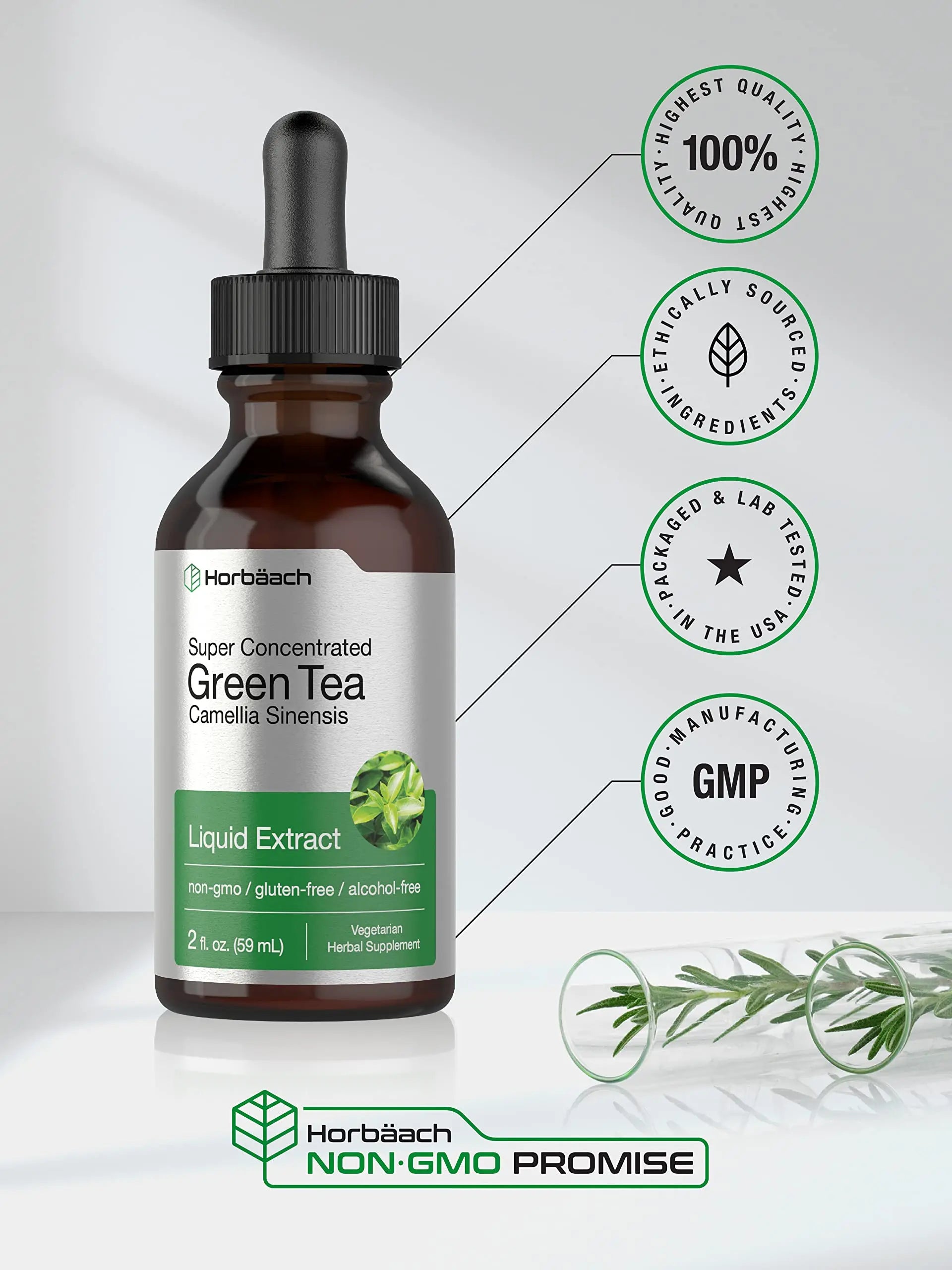 Green Tea Extract Liquid | 2 Fl Oz | Alcohol Free, Vegetarian Tincture | Super Concentrated Horbäach Au supplements