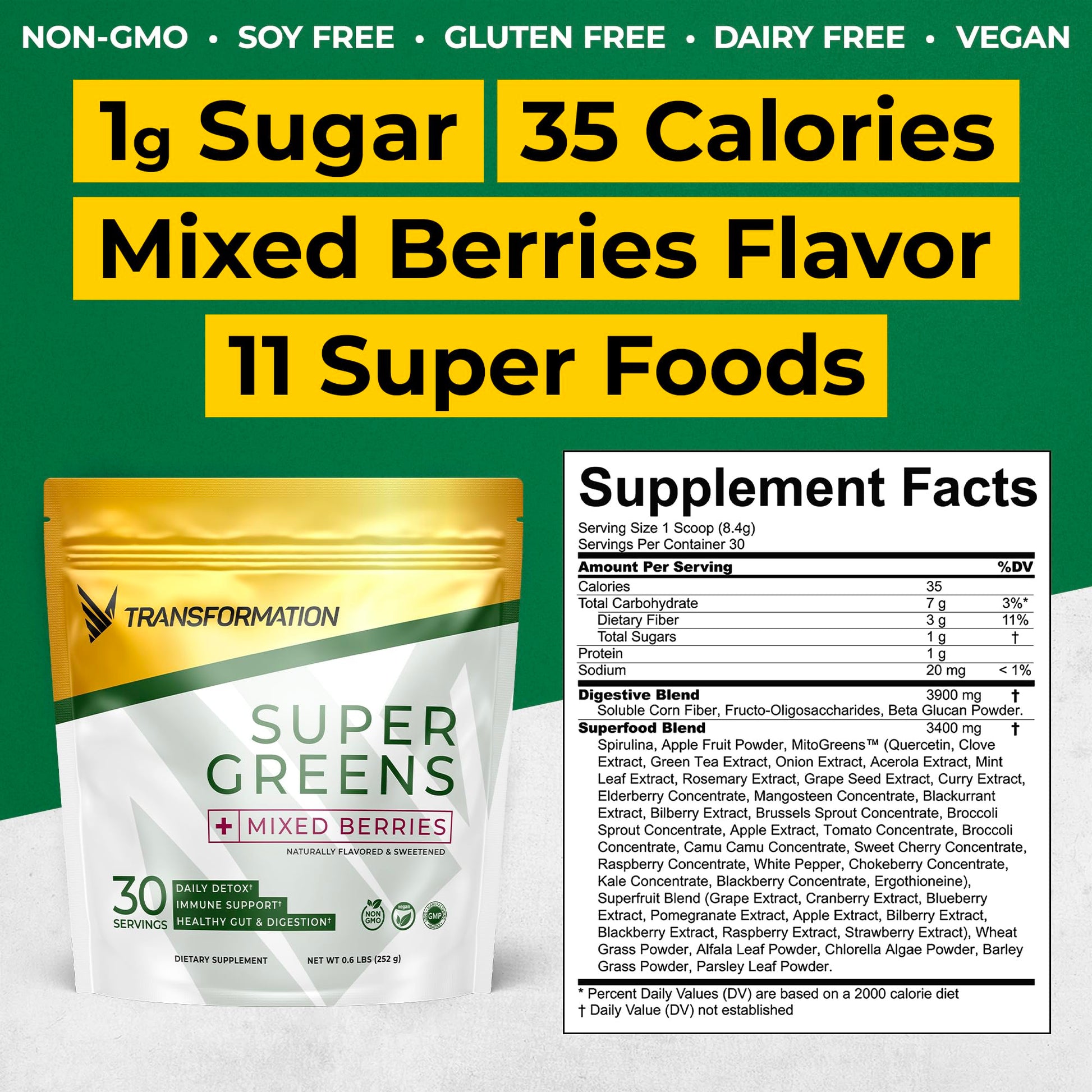Transformation Super Greens Superfood Green Juice Powder - Immune & Energy Support | Natural Ingredients | Detoxifying & Alkalizing Minerals - Spirulina, Chlorella, Wheatgrass, Spinach, Alfalfa SPR BODY Au supplements