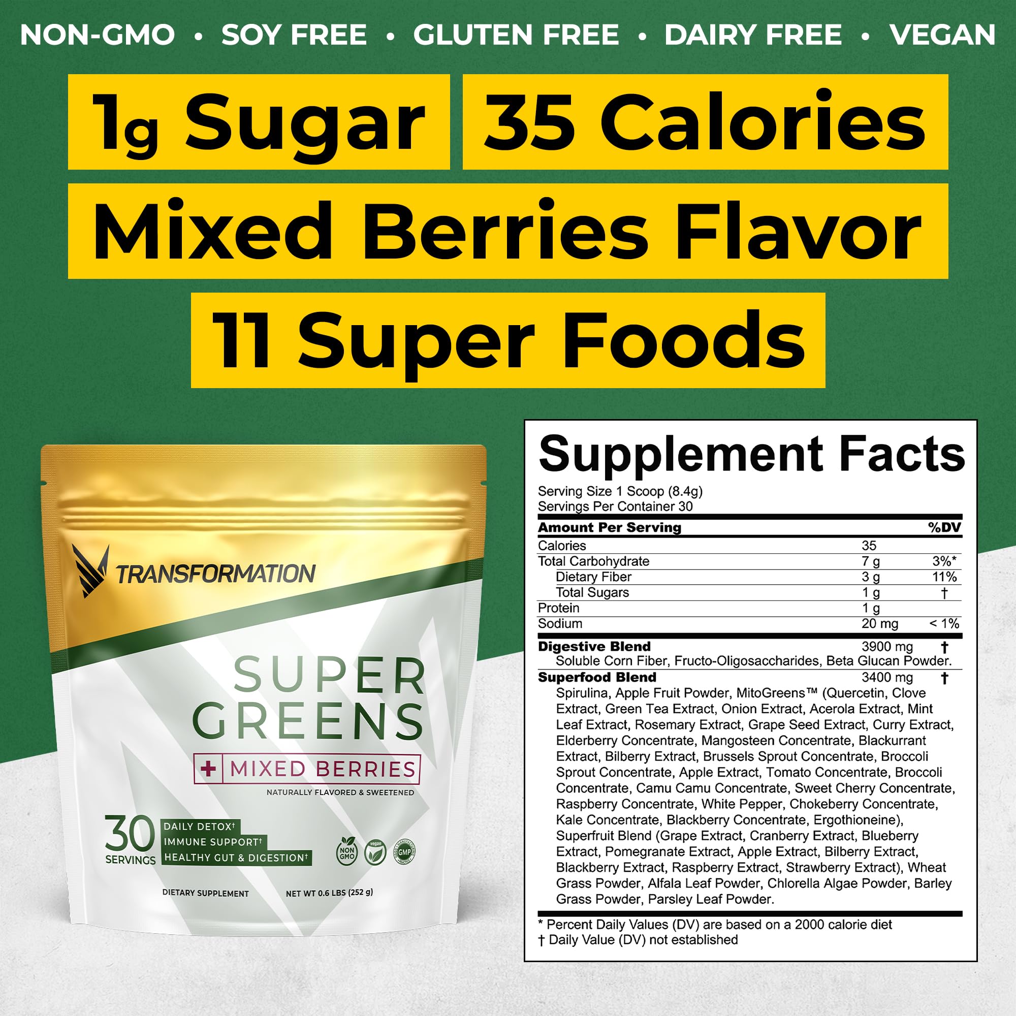 Transformation Super Greens Superfood Green Juice Powder - Immune & Energy Support | Natural Ingredients | Detoxifying & Alkalizing Minerals - Spirulina, Chlorella, Wheatgrass, Spinach, Alfalfa SPR BODY Au supplements