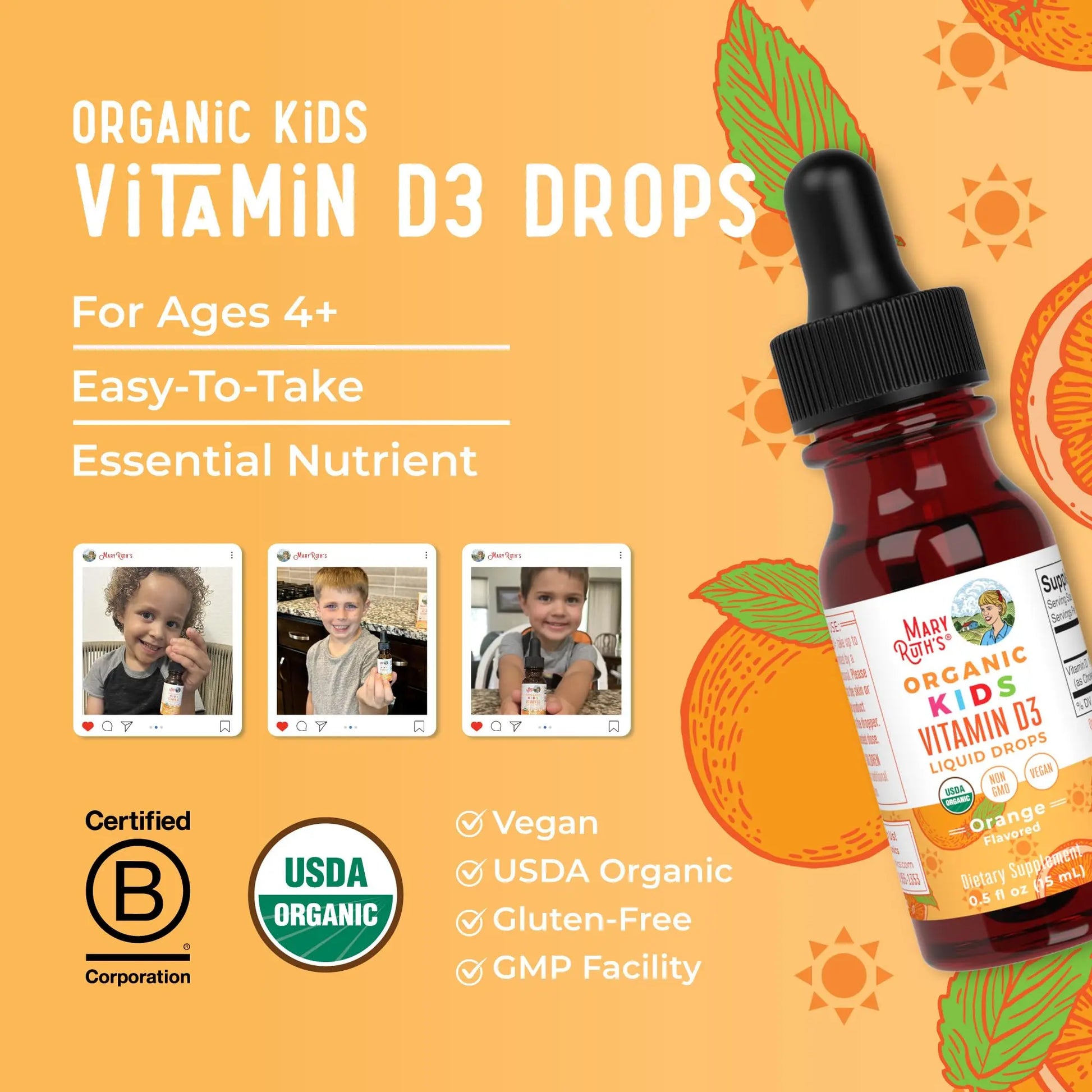 MaryRuth Organics USDA Organic Vitamin D3 Liquid Drops for Kids | 640 IU Vitamin D3 Per Serving | Kids Immune Support & Bone Health Supplement | Formulated for Ages 4-13 | 0.5oz | 30 Servings MARYRUTH'S Au supplements