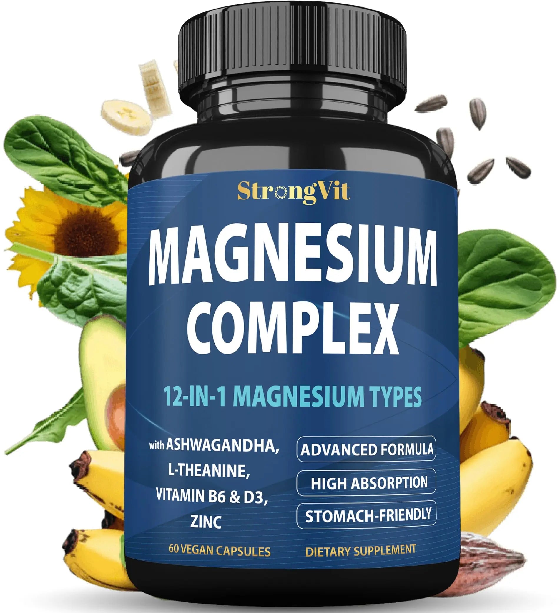 1000mg Magnesium Complex for Women and Men, 12 in 1 Magnesium Supplement with Ashwagandha, Zinc, D3, L-theanine. Easy to Swallow, High Absorption, Sleep Support & Stress Relief (60 Capsules) StrongVit Au supplements