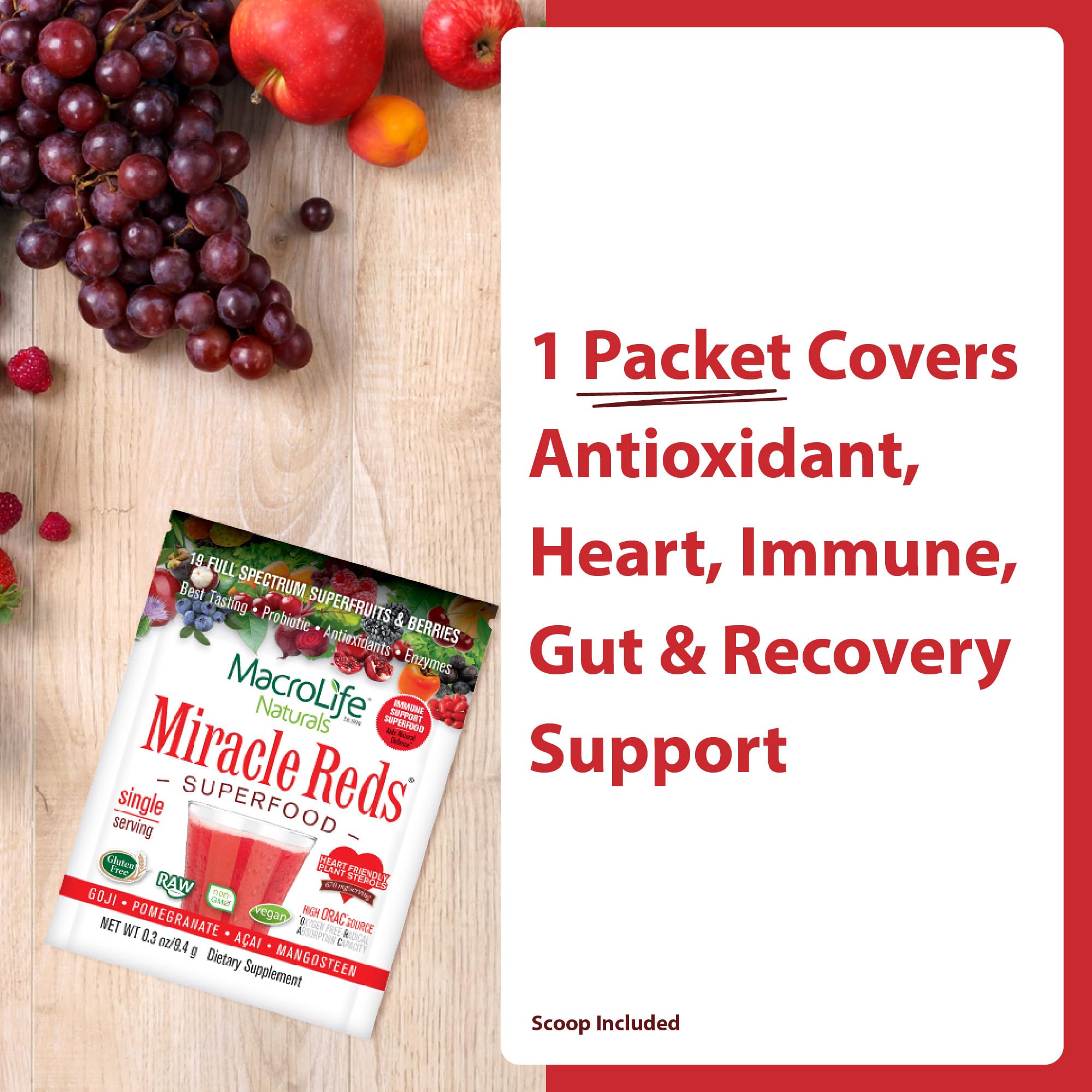 MacroLife Naturals Miracle Reds Superfood Powder 19 Blended Fruit & Berry Polyphenols Enzymes Probiotics & Antioxidants Supplement - Raw Non-GMO & Vegan Whole Food Vitamins - 12 Packet Servings MacroLife Naturals Au supplements