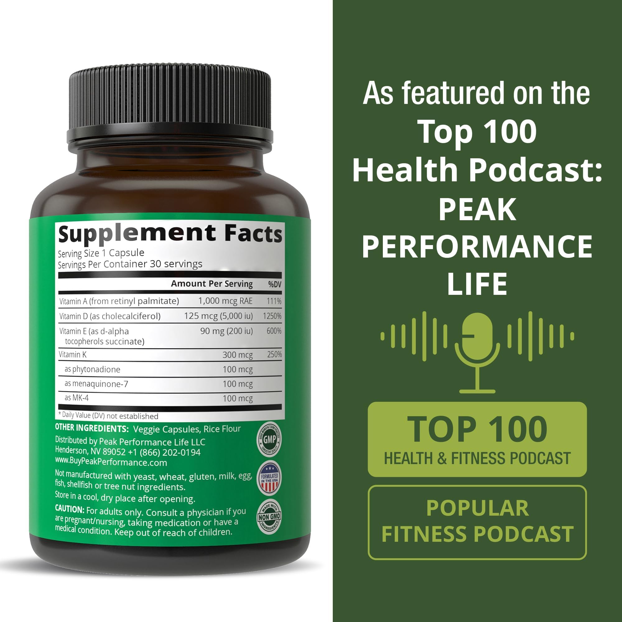 Peak Performance Vitamins D 5,000 iu + A + K + E All in 1 Easy to Swallow Vegan Capsule. ADK Vitamin Supplement with E D3 K2. Essential Vitamins for Mood