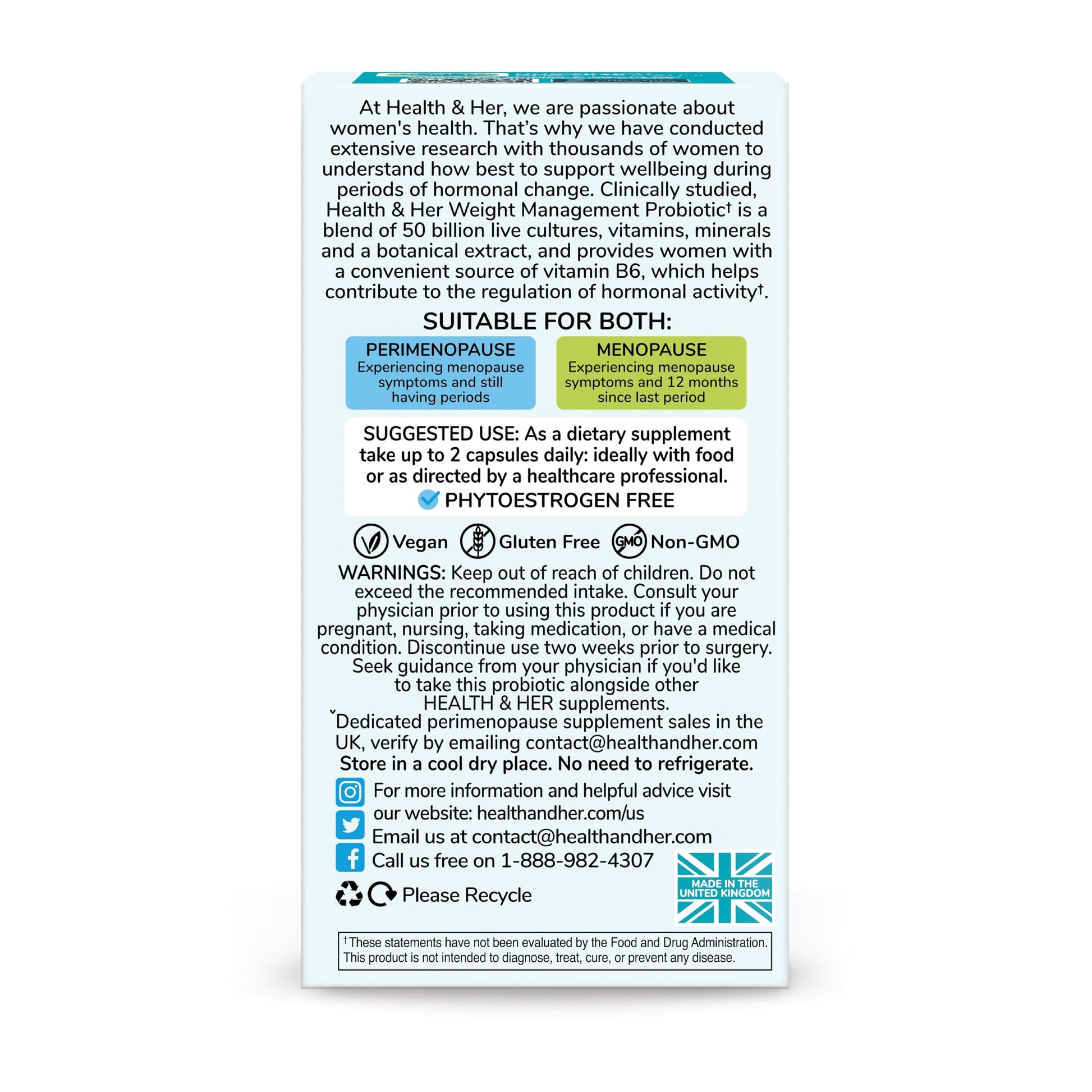 Health & Her Weight Management Probiotics for Women - Perimenopause & Menopause Supplement - Clinically Studied 50bn CFU Probiotics to Support Gut Health, Energy, Mood & Mind, Vegan (60 ct - 1 Month) Health and Her Au supplements