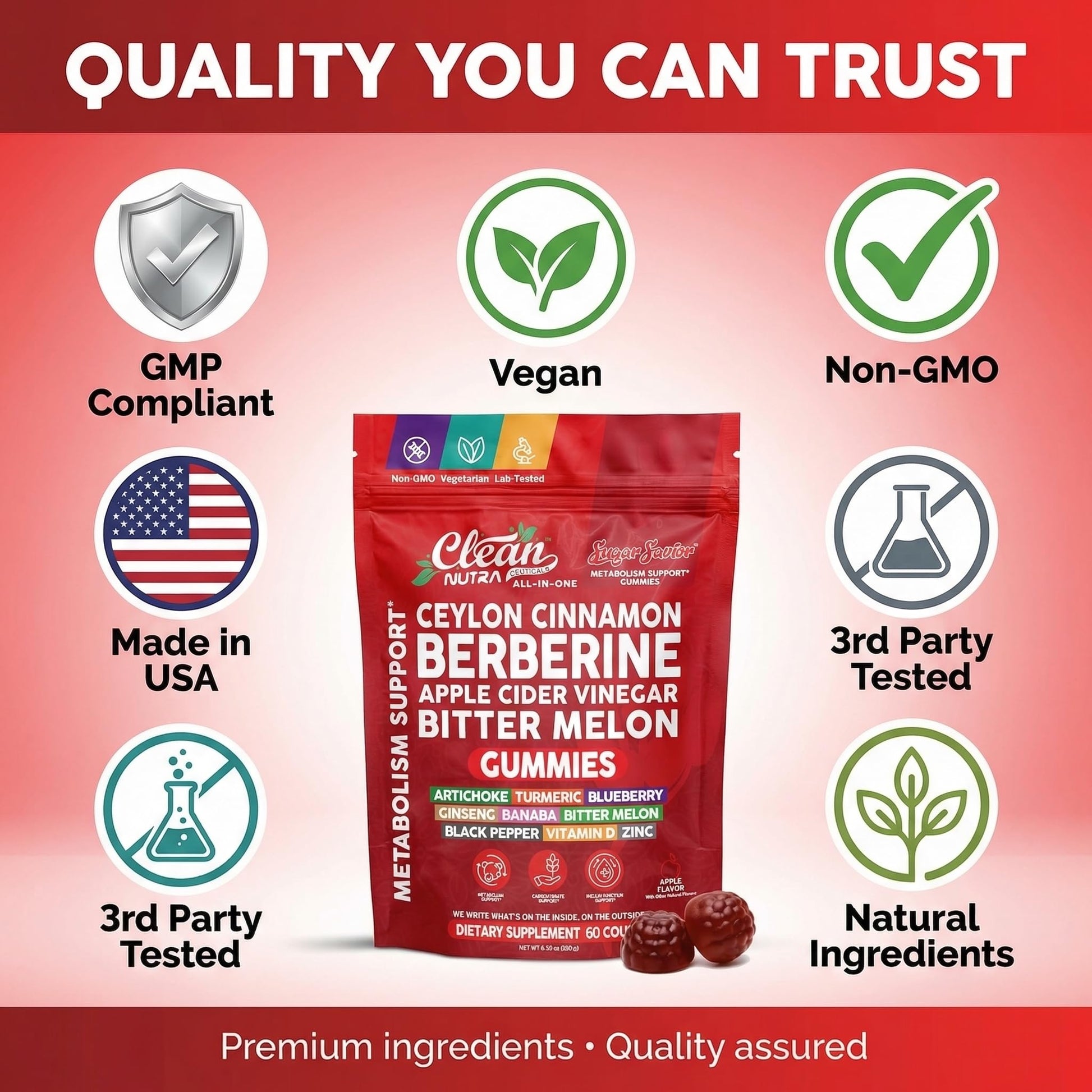 Sugar Savior Ceylon Cinnamon Berberine Gummies Apple Cider Vinegar Artichoke Turmeric Blueberry Ginseng Banaba Bitter Melon Black Pepper Vitamin D Zinc GLP1 Gummies 60 Count by Clean Nutra Clean Nutraceuticals Au supplements