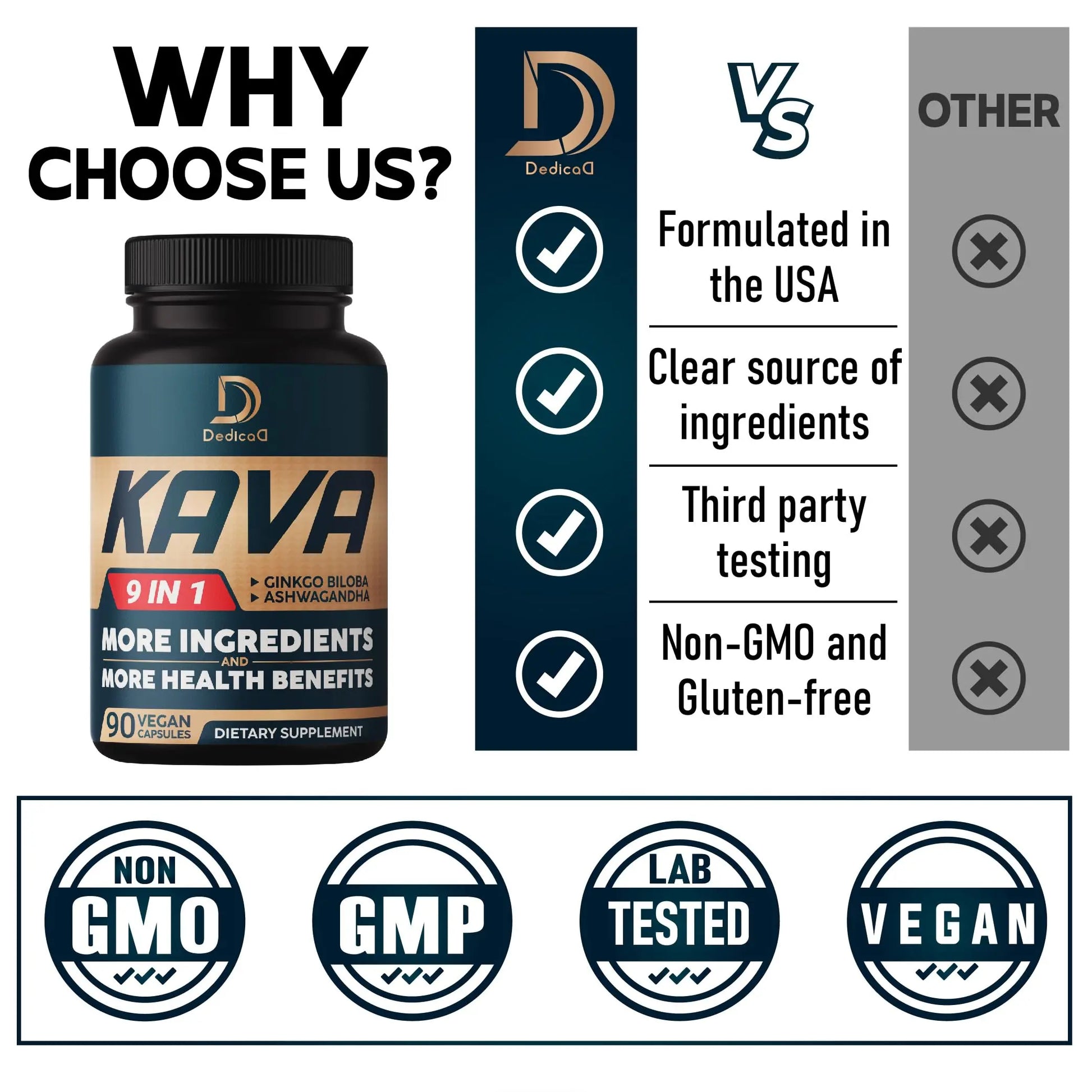 DEDICAD Kava Kava Capsules - 3 Month Supply - 9 Herbs with Ginkgo Biloba, Ashwagandha Root, Andean Cocoa, Graviola Leaf, Chamomile, Valerian, Lemon Balm & Skullcap - Support Mood & Immune - 90 Pills DEDICAD Au supplements