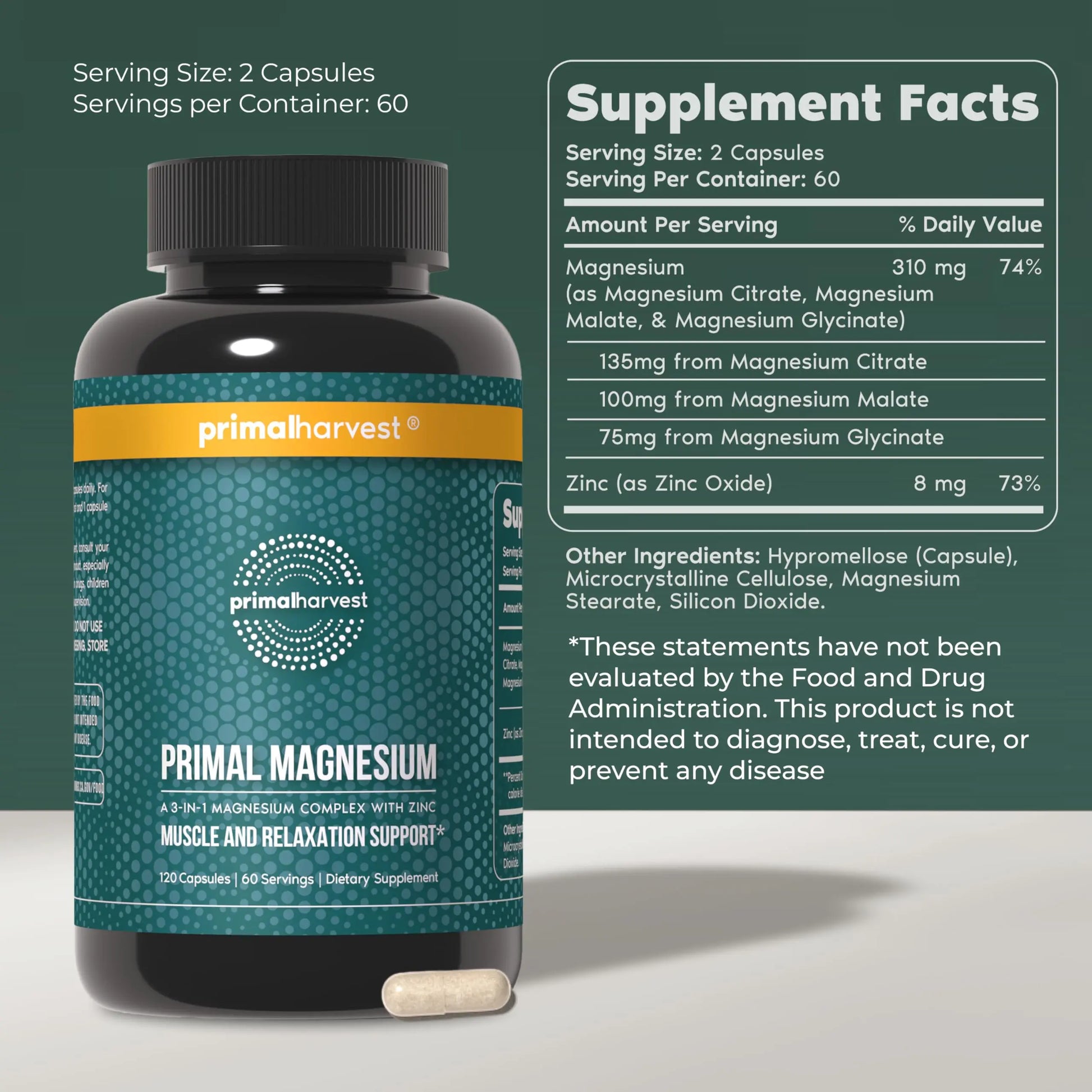 Magnesium Supplement Complex 310mg by Primal Harvest with Magnesium Glycinate, Citrate, Malate, and Zinc 120 Capsules Primal Harvest Au supplements