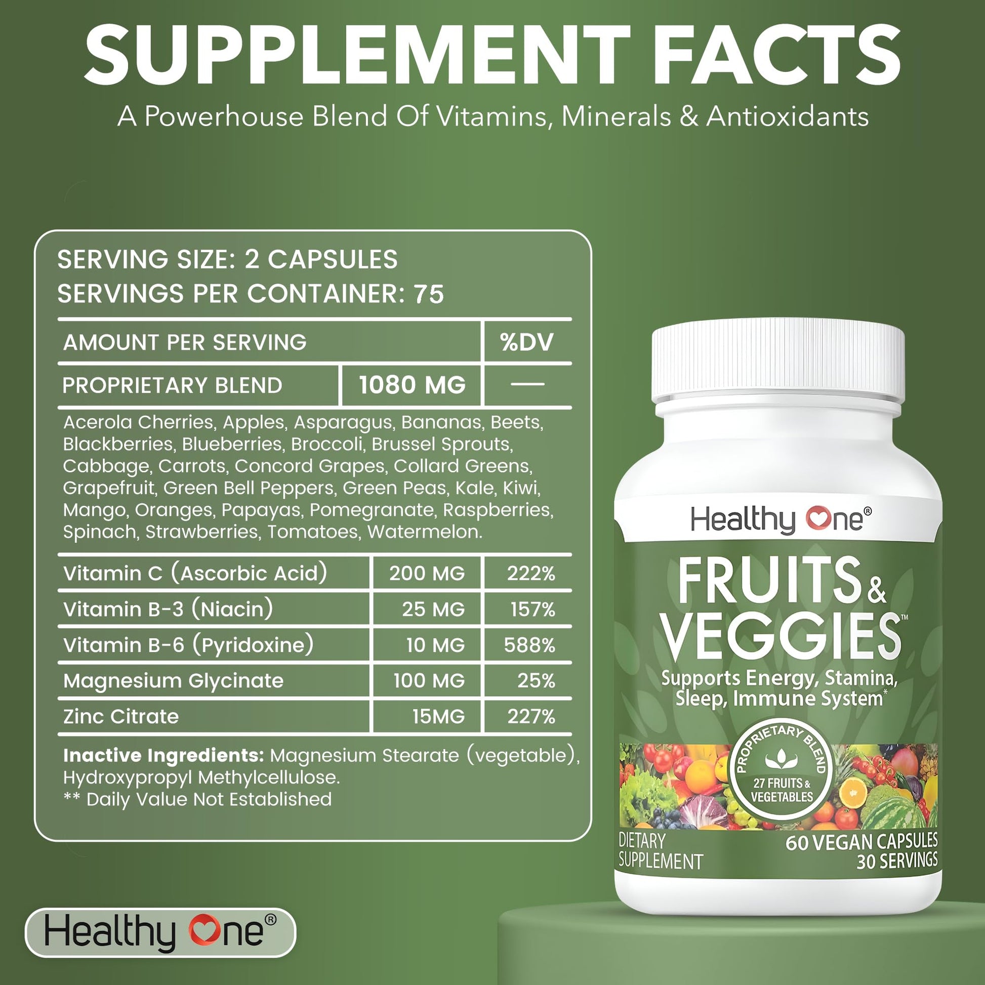 Fruits & Veggies Formula - 27 Premium Whole Foods - Organic Ingredients - Equals 3 Servings of Fruits & Vegetables - Improve Energy, Focus & Immune Function - Fiber - Antioxidants - 150ct (75 Serv) Healthy One Au supplements