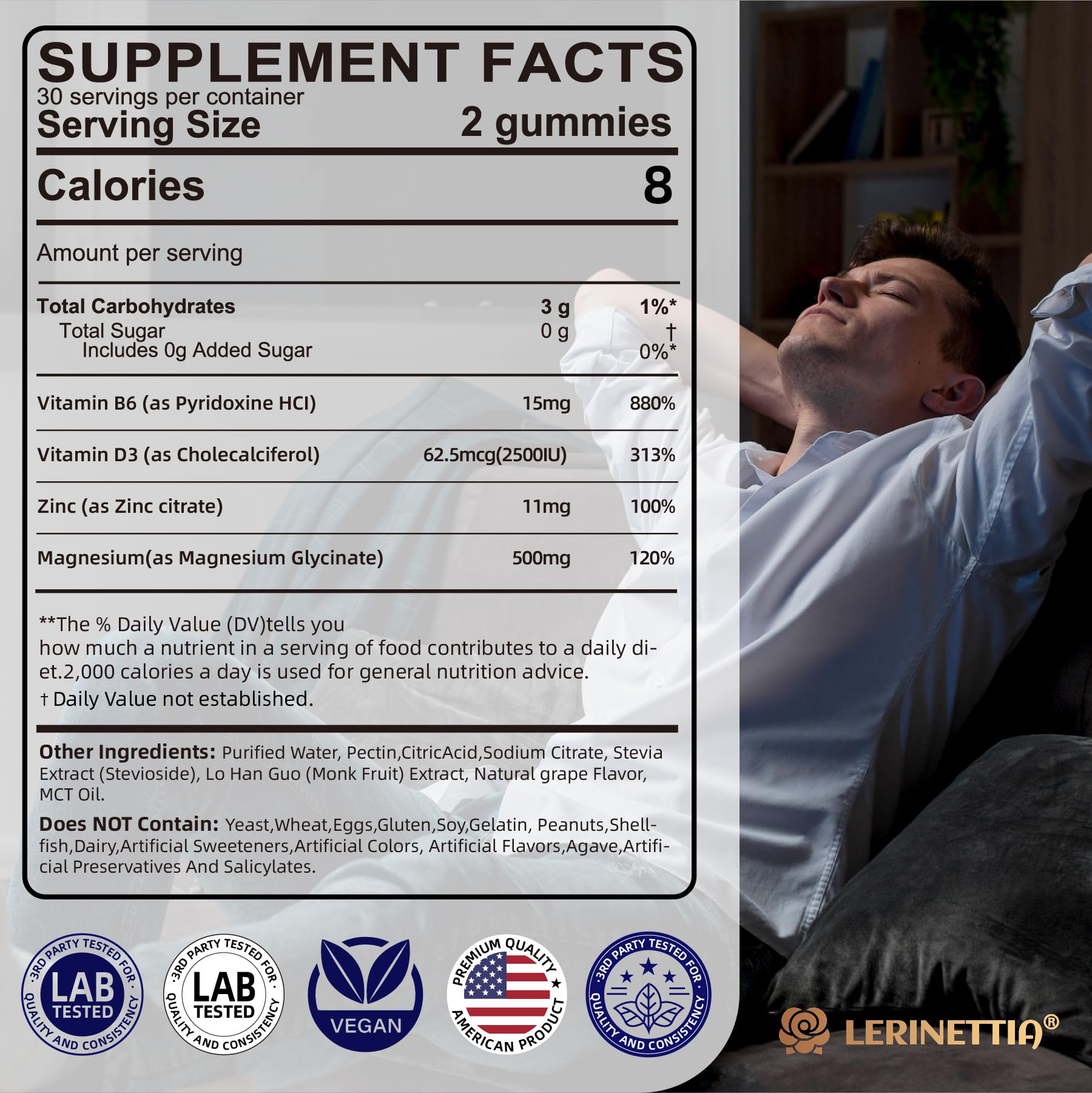 Magnesium Glycinate 500mg/250mg for Adults Teens - Plus D3,B6 & Zinc - Magnesium Glycinate Gummies,High Absorption - Support for Relaxation,Brain,Bone & Immunity Health - Sugar Free - 120Cts Lerinettia Au supplements
