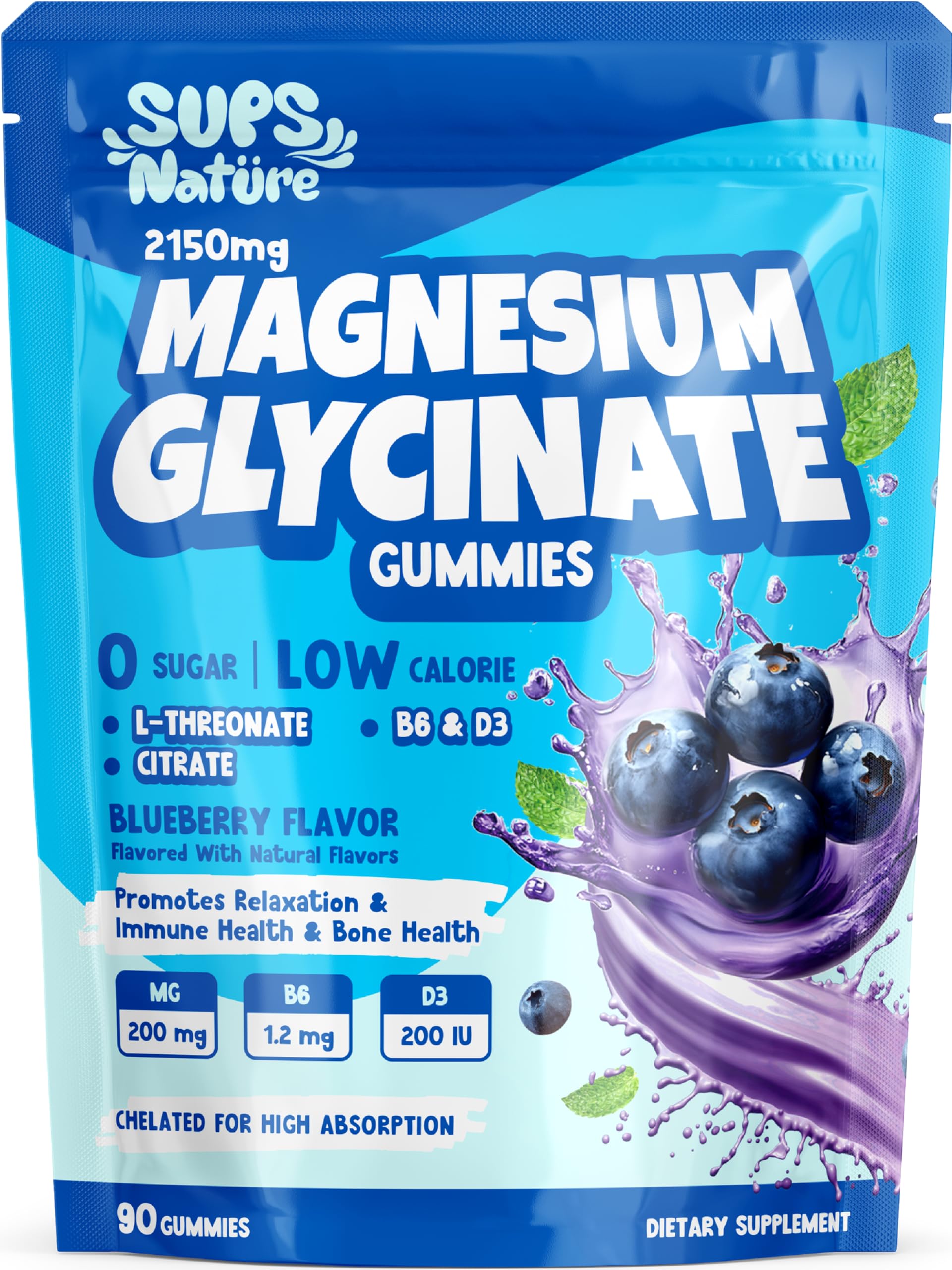 Magnesium Glycinate Gummies 2150 mg with Magnesium L-Threonate for Adults, Melatonin Free, High Absorption, Blueberry Flavor, 90 Count sups nature Au supplements