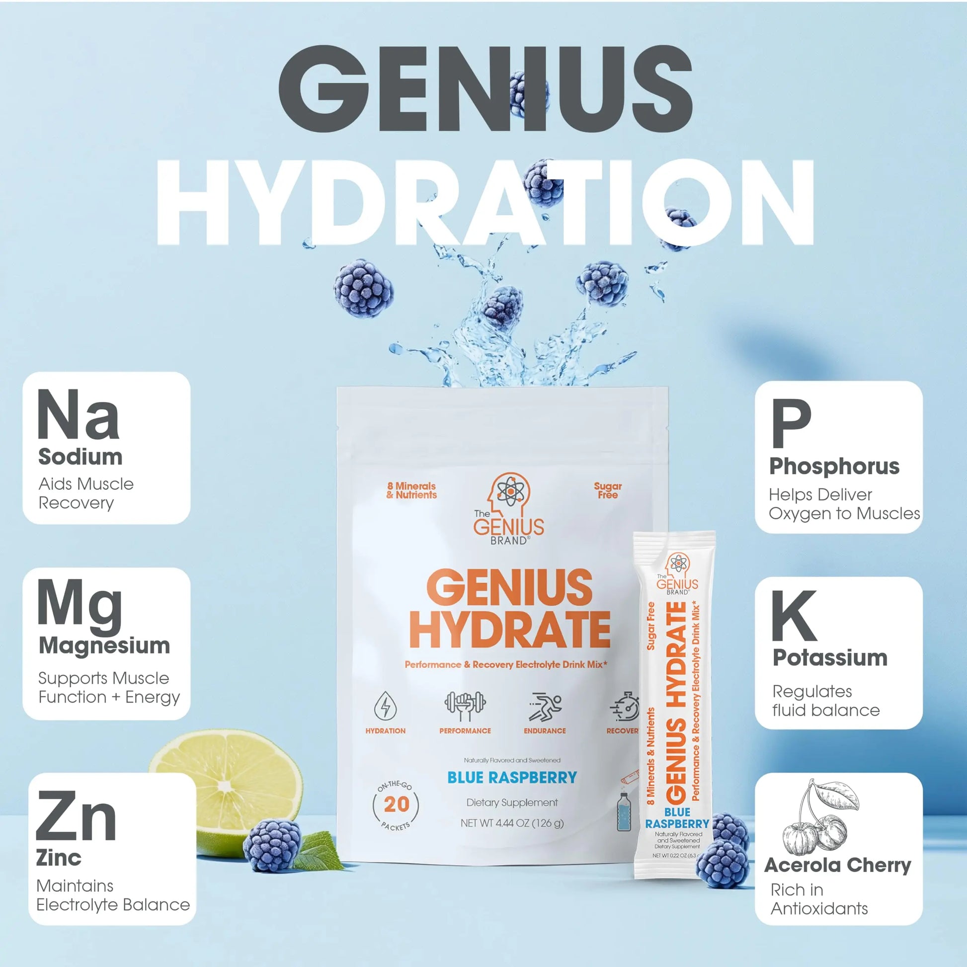 The Genius Brand - Genius Hydrate Stick Pack Powder Drink Mix – Blue Raspberry Flavor, Natural Electrolyte Booster with Coconut Water & Potassium for Ultimate Hydration - 20 Packets The Genius Brand Au supplements