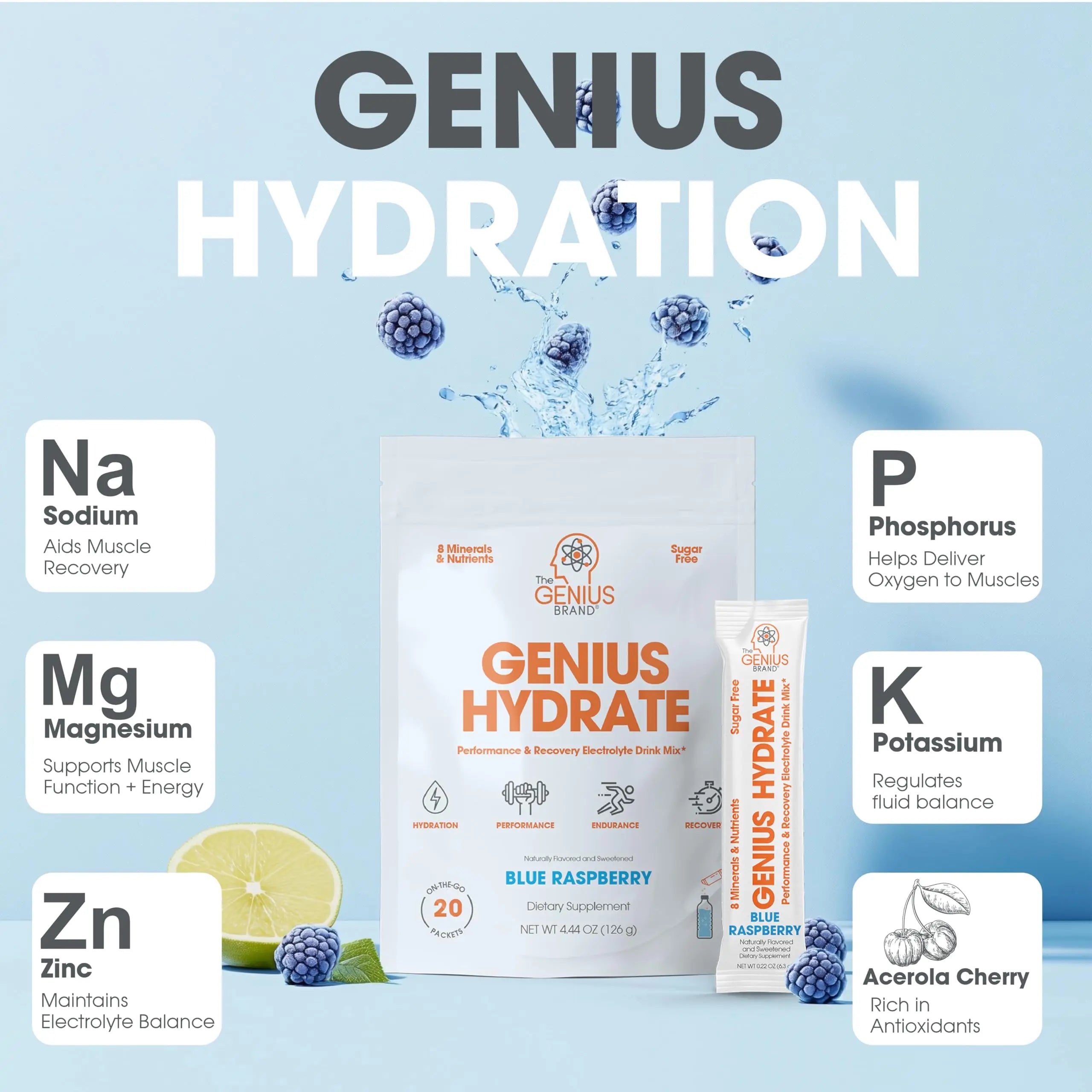 The Genius Brand - Genius Hydrate Stick Pack Powder Drink Mix – Blue Raspberry Flavor, Natural Electrolyte Booster with Coconut Water & Potassium for Ultimate Hydration - 20 Packets The Genius Brand Au supplements