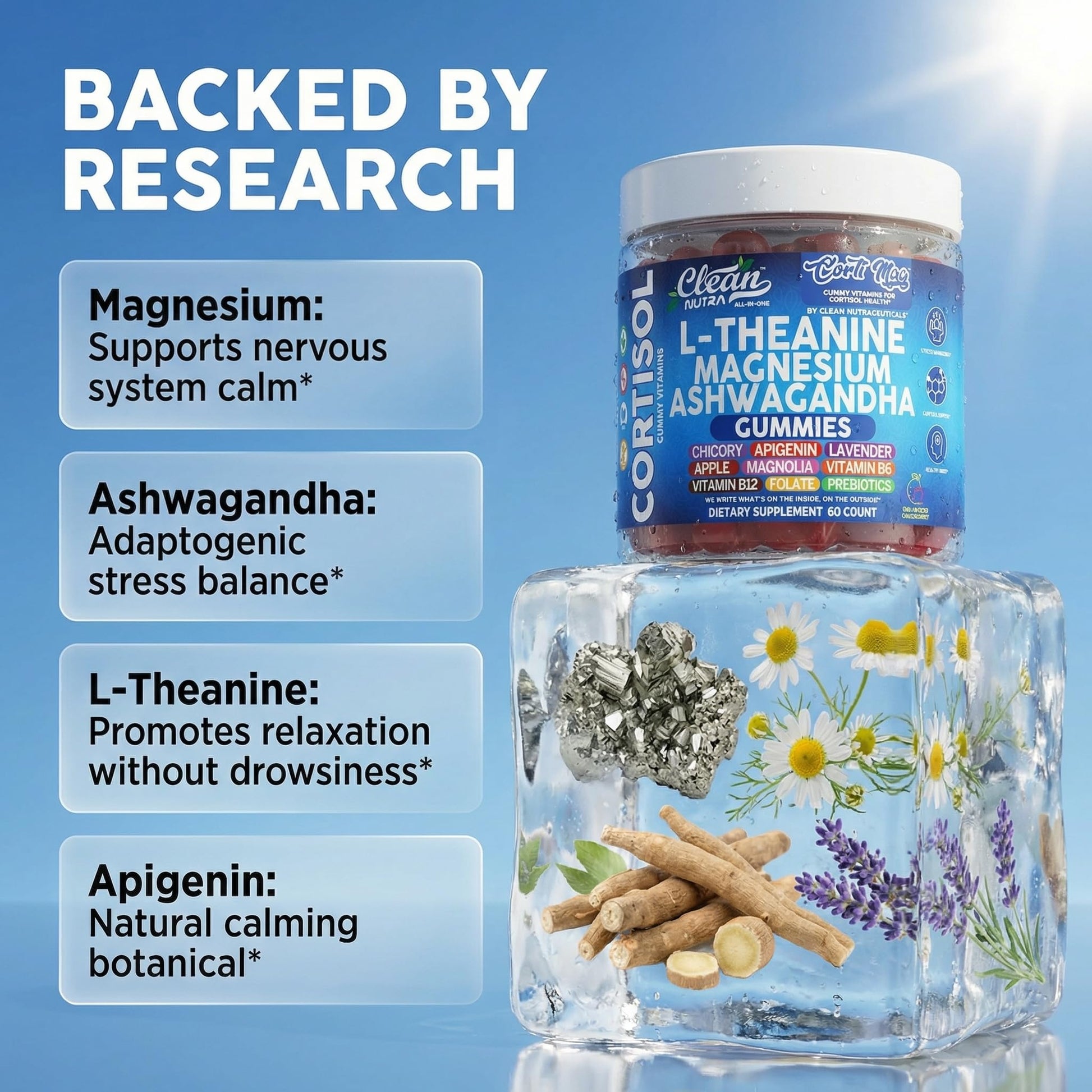 Clean Nutra Cortisol Supplement Gummies L-Theanine Magnesium Ashwagandha Apigenin Vitamin B6 Sleep and Calm Support Lavender Chicory Prebiotic Advanced Gummy Formula Clean Nutraceuticals Au supplements