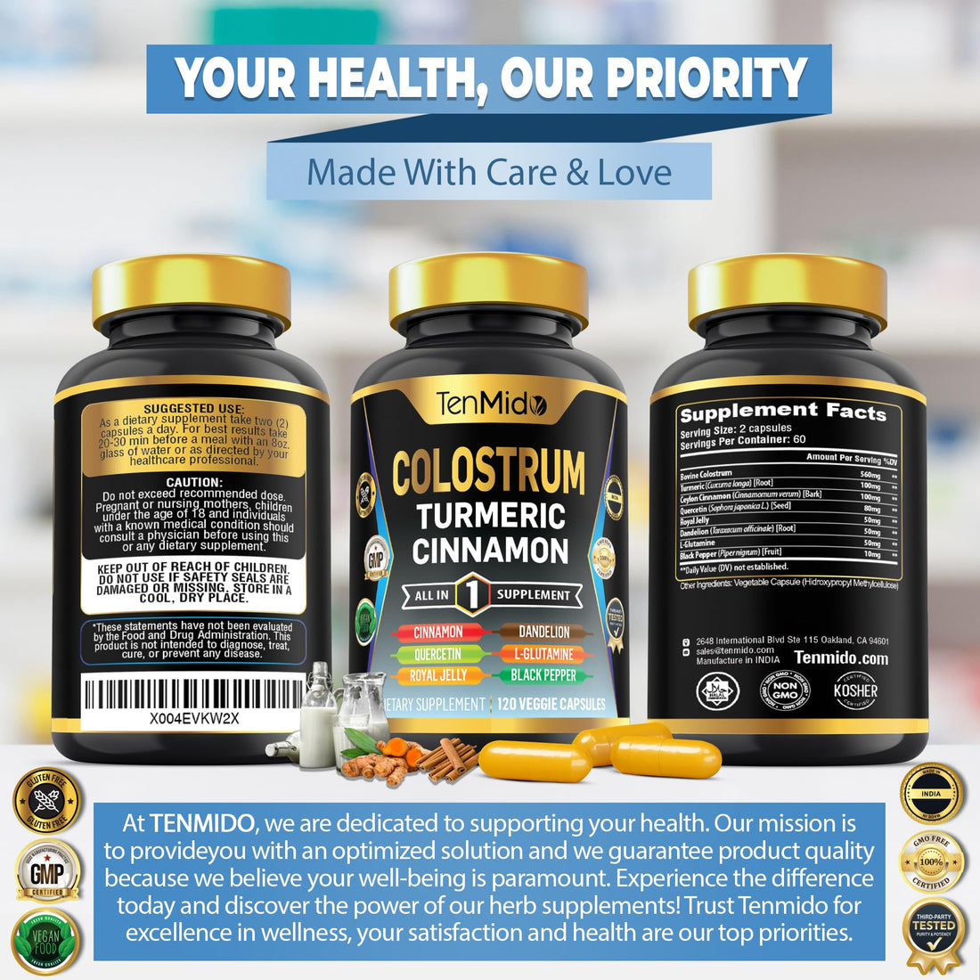 Tenmido Colostrum Supplement - 8in1 Formula - Combine with Turmeric, Ceylon Cinnamon, Quercetin, Royal Jelly, Dandelion, L- Glutamine, and Black Pepper - Digestive Health Support - 120 Capsules Tenmido Au supplements