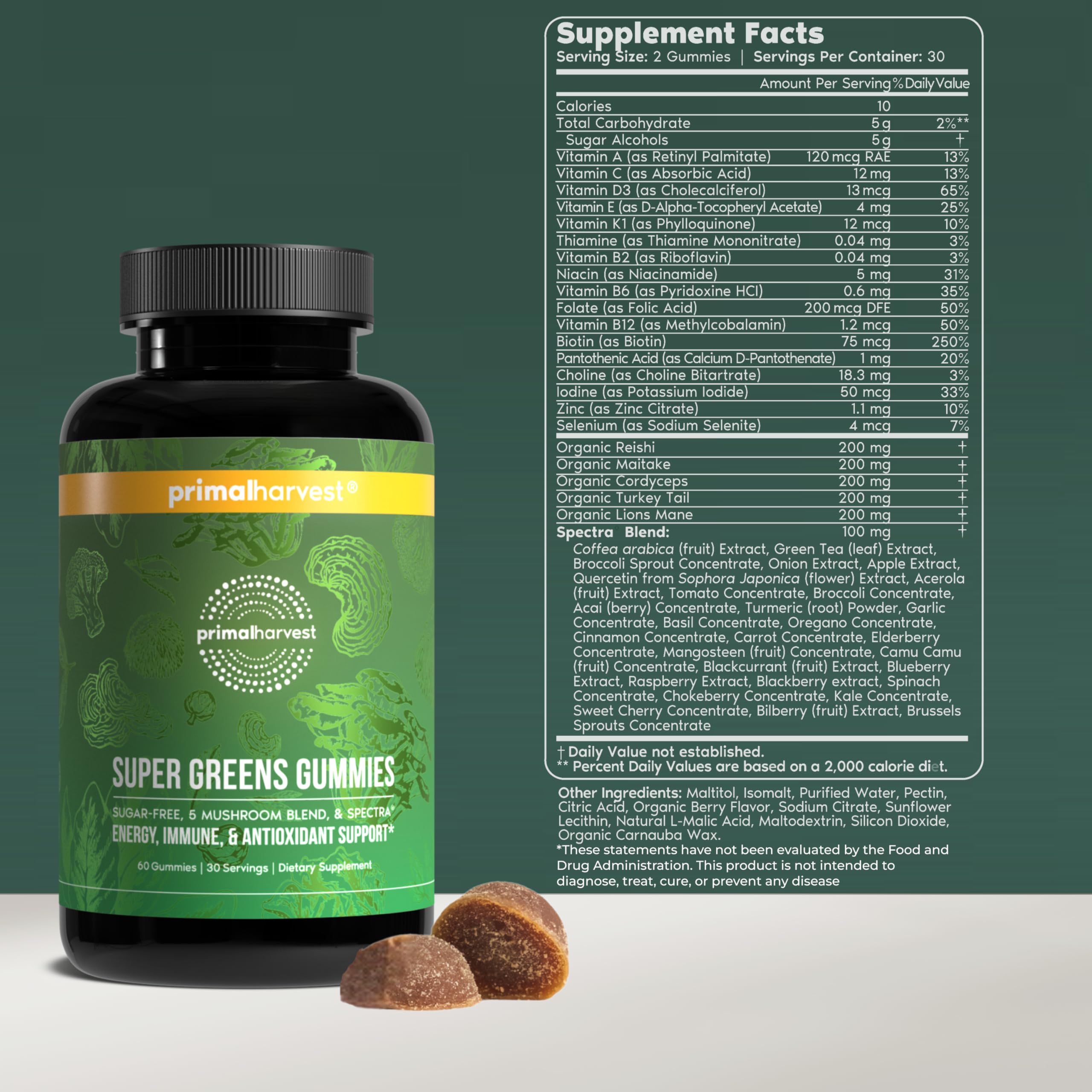 Primal Harvest Super Greens Gummies, Superfood Blend with Adaptogenic Mushrooms Vitamins & Nutrient-Rich Minerals & Antioxidants for Energy & Immune Support 1 Pack 60 Count, Primal Harvest Au supplements