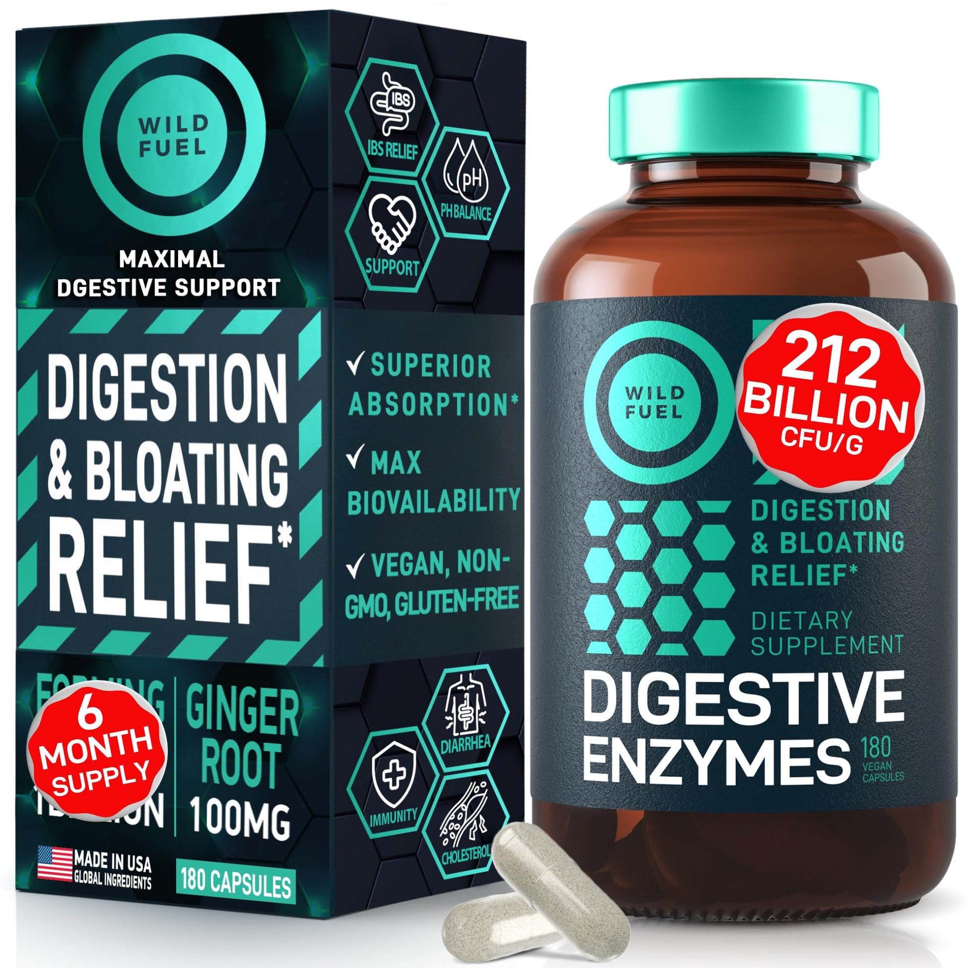 Digestive Enzymes for Women and Men with Probiotics and Prebiotics - Vegan Digestive Enzyme Blend - Bloating Support, Gut Health & Digestion Supplement with Artichoke Ginger Turmeric - 180 Capsules WILD FUEL Au supplements