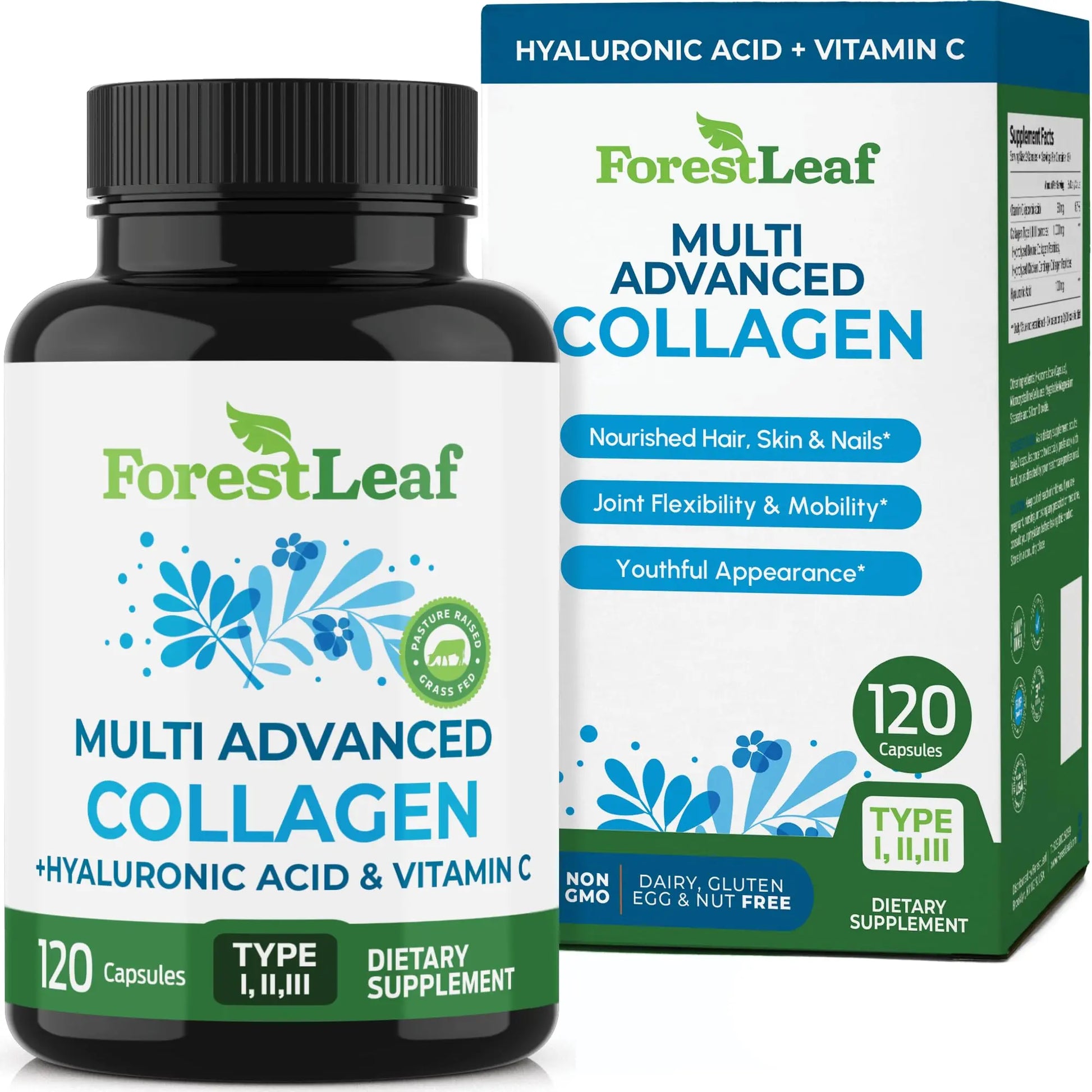 ForestLeaf Multi Collagen Pills with Hyaluronic Acid + Vitamin C | Hydrolyzed Collagen Supplements for Women or Men | Multi Collagen Capsules Peptides for Skin ForestLeaf Au supplements