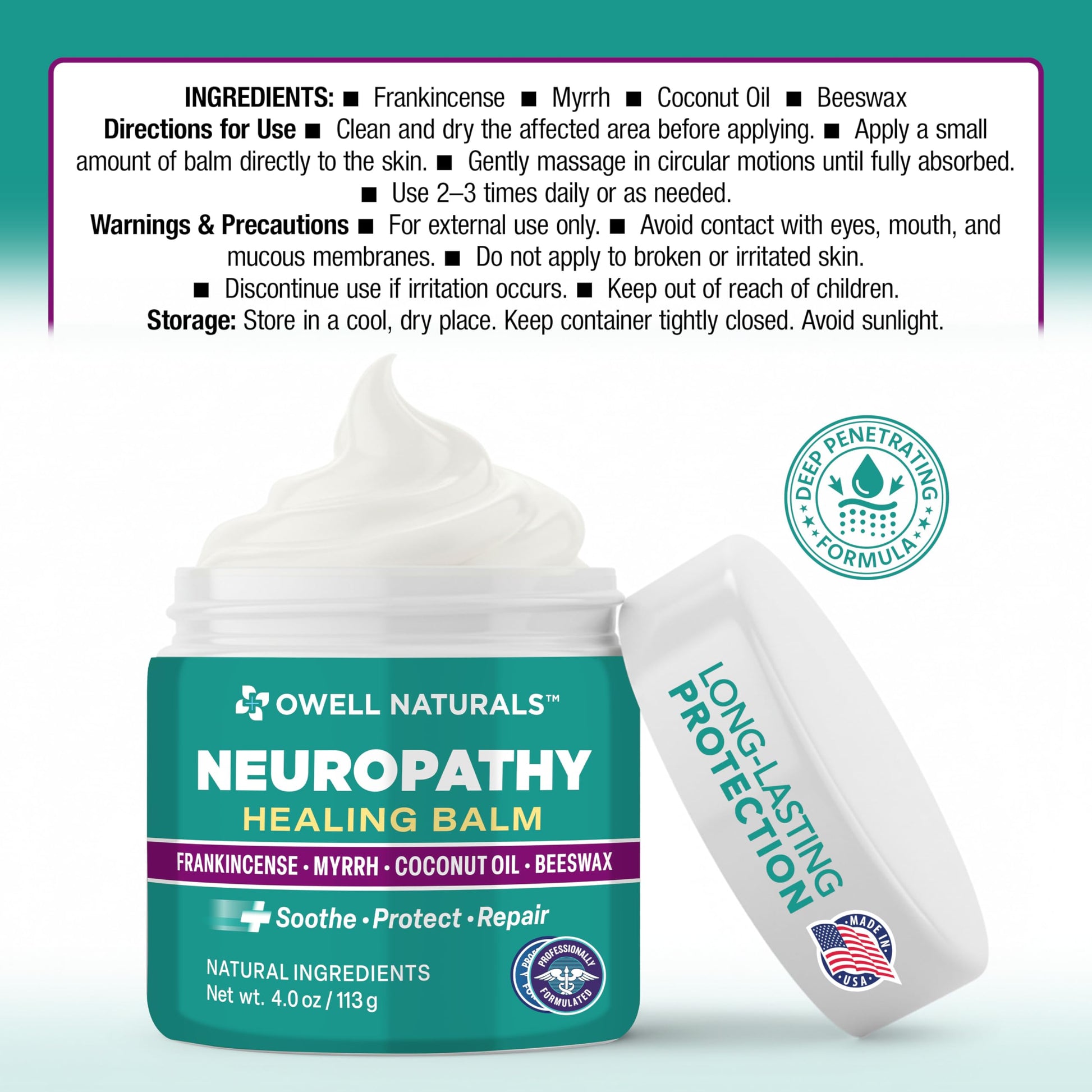 Owell Naturals Neuropathy Balm for Feet, Muscles & Joints – Long Lasting Comfort Formula with Frankincense, Myrrh, Coconut Oil, Beeswax – Fast Absorbing Botanical Skin Care, 2 oz Owell Naturals Au supplements