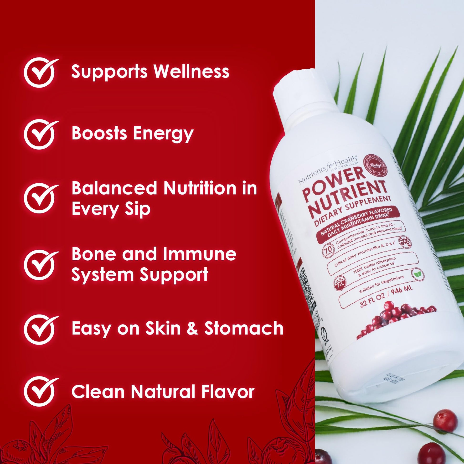 Rawleigh Power Nutrient: 32 fl oz for 1 Month - Cranberry Flavor, Daily Multivitamin Liquid Supplement for Men, Women with VIT. A - zinc & 70 Colloidal Trace Minerals, Vegetarian-Friendly, GMO Free Rawleigh Au supplements