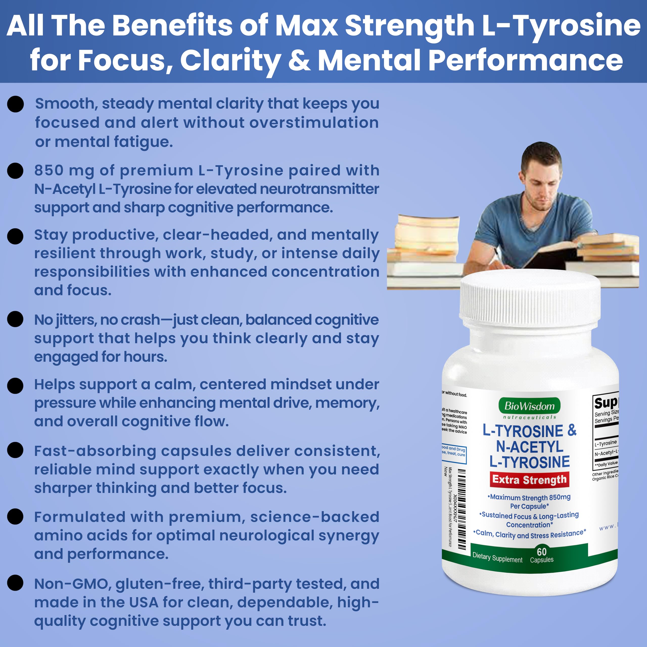 Max Strength L Tyrosine Supplement & N Acetyl L Tyrosine Peak Focus, Alertness, Concentration, Body & Mind Energy. L-Tyrosine 850mg Per 1 Capsule. A Well-Being Nutrient Boost For Performance BioWisdom Nutraceuticals Au supplements
