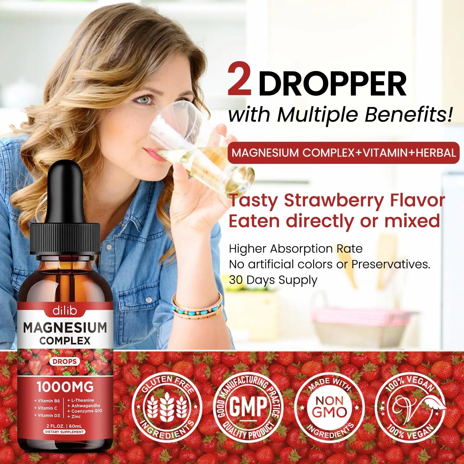 Triple Magnesium Complex Supplement, Magnesium Glycinate, Blend, Citrate Liquid Drops 1000mg with Ashwagandha, CoQ10, Vitamin B6, C, D, Zinc -Support Calm Stress Relief, Bone, Muscle, Mood Vegan dilib Au supplements