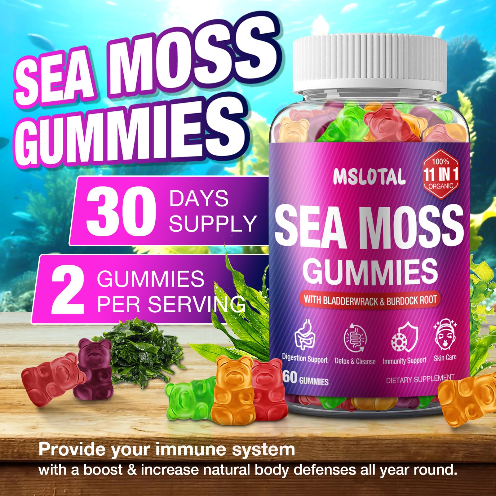 MSLOTAL Irish Sea Moss Gummies with Ashwagandha Bladderwrack and Burdock Root - Natural Irish Seamoss Supplement for Thyroid, Energy, Immune Support - 60 Vegan Gummy MSLOTAL Au supplements