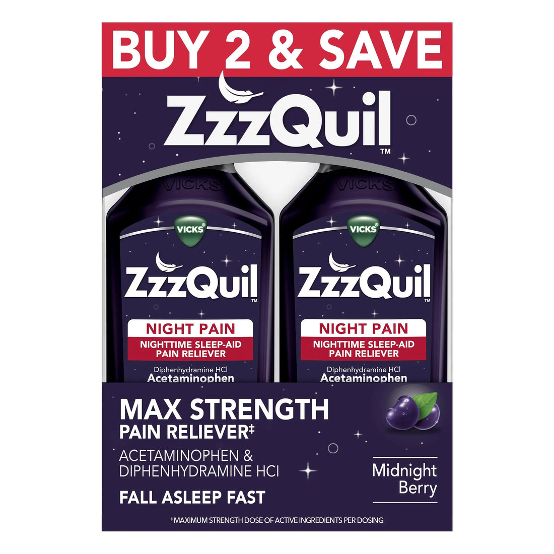ZzzQuil Liquid, Max Strength Pain Reliever, Nighttime Sleep Aid Liquid, Acetaminophen 1000mg, Diphenhydramine 50mg HCI, Non-Habit Forming, Midnight Berry Flavored, 2 Pack, 24 FL OZ ZzzQuil Au supplements
