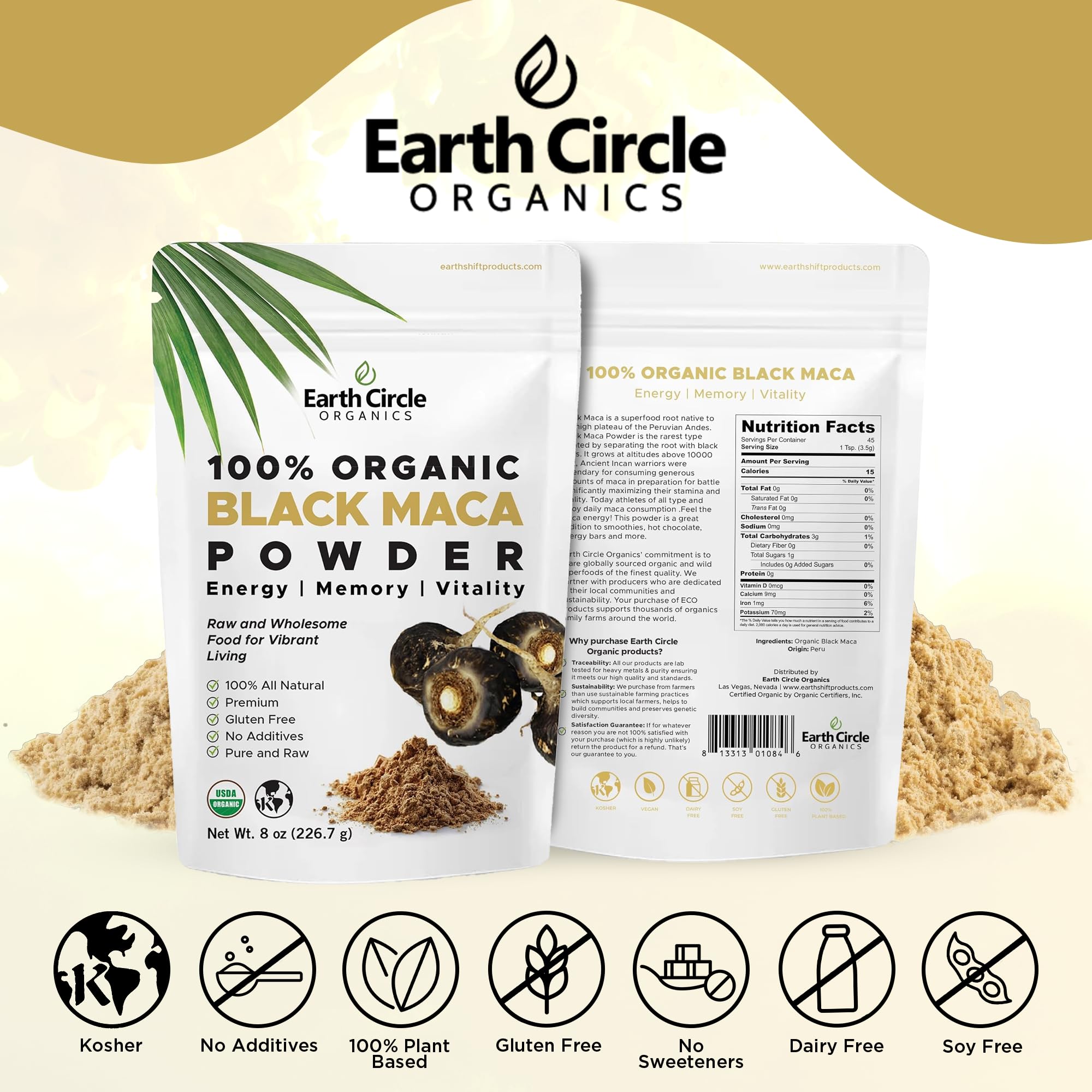 Organic Black Maca Peruvian Root Powder | Black Maca Root for Men | Natural Supplement | Essential Vitamins, Minerals & Fatty Acids Improved Energy | Immune Support (8oz, Pack of 1) Earth Circle Organics Au supplements