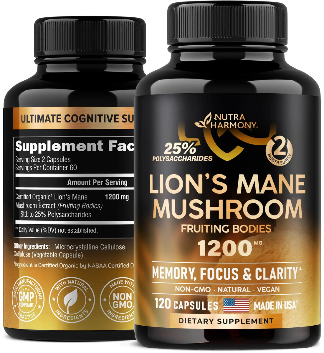 Organic Lions Mane - Certified Mushroom Supplement - Made in USA - Fruiting Bodies NUTRAHARMONY Au supplements